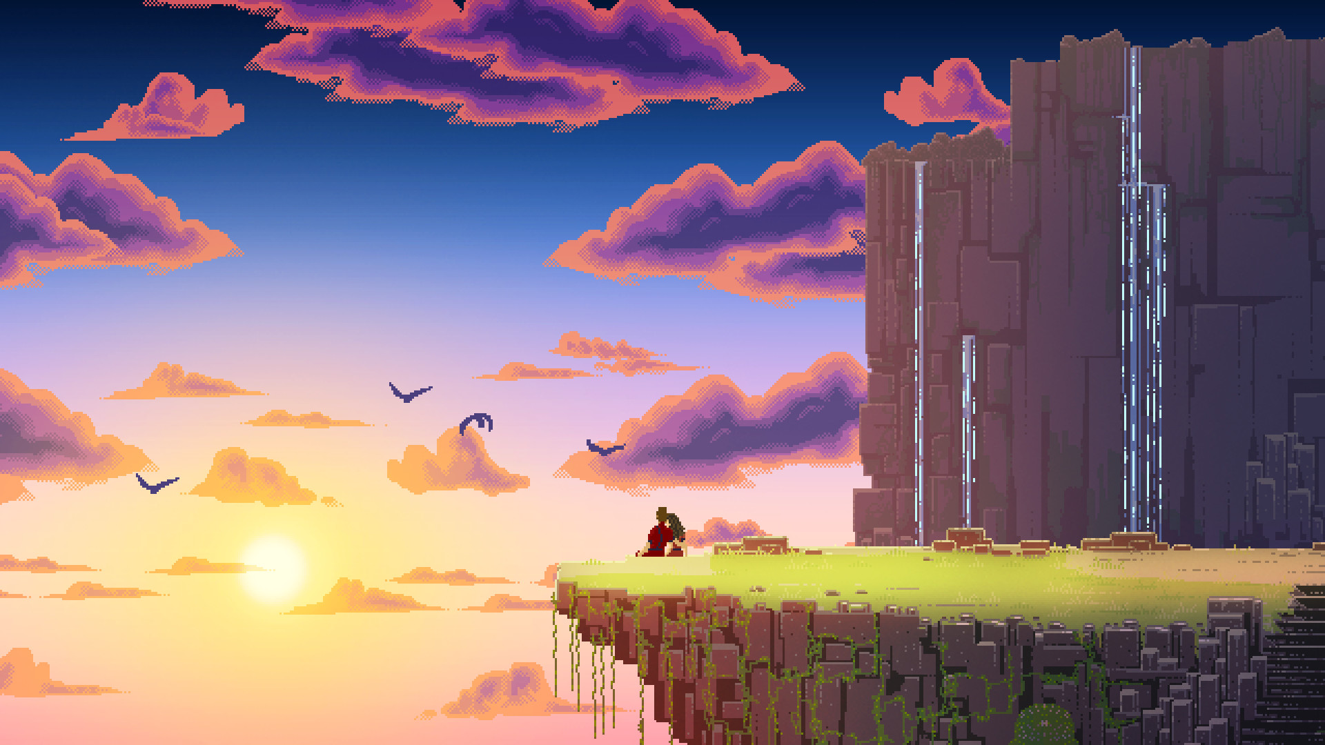 Pixel art, Isola fluttuante, Cascata, Tramonto, Full HD 1080p, sfondo desktop