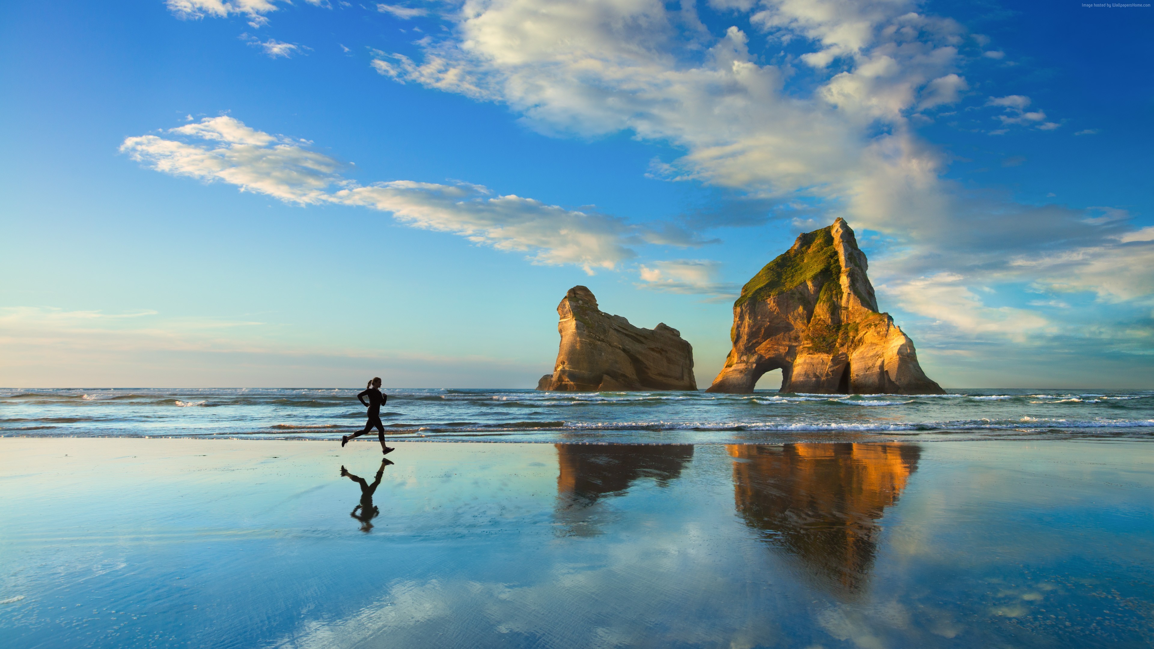Spiaggia di Wharariki, Archway Islands, Nuova Zelanda, Windows 10, Riflesso, Cielo azzurro, immagine di sfondo