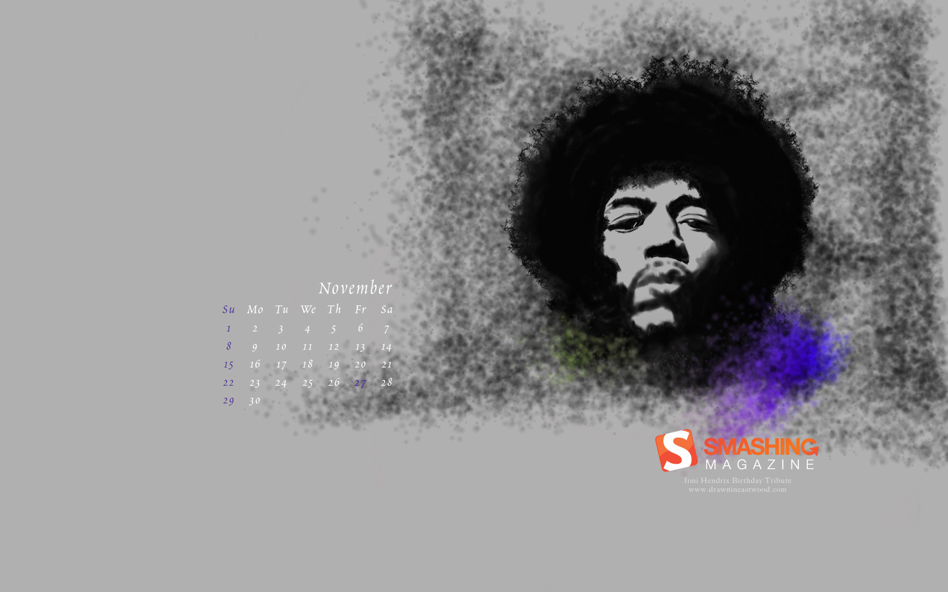Jimi Hendrix, Calendario, Smashing Magazine, Grigio, 1920x1200, immagine di sfondo