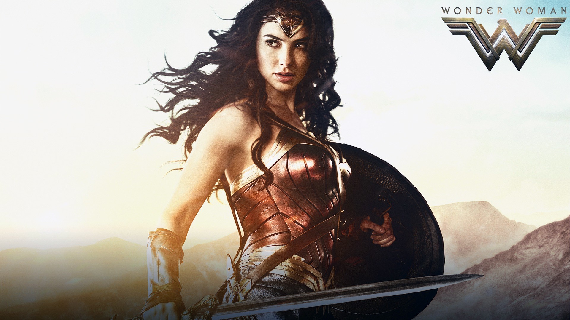 Gal Gadot, Wonder Woman, Wonder Woman (film 2017), DC Extended Universe, Scudo, Spada, Montagne, wallpaper Full HD