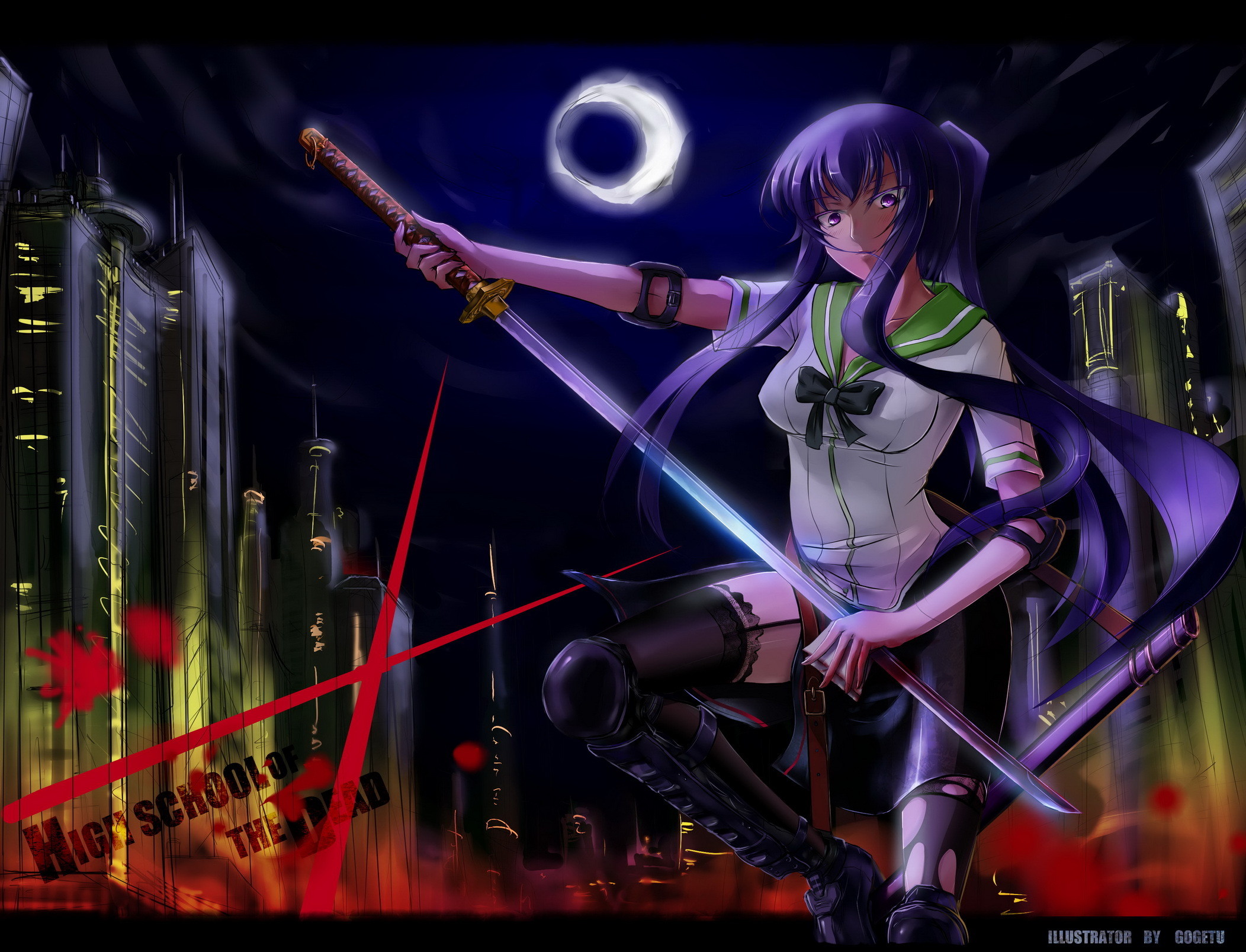 Saeko Busujima, Highschool of the Dead, Katana, Notte, Full HD, sfondo Windows 11