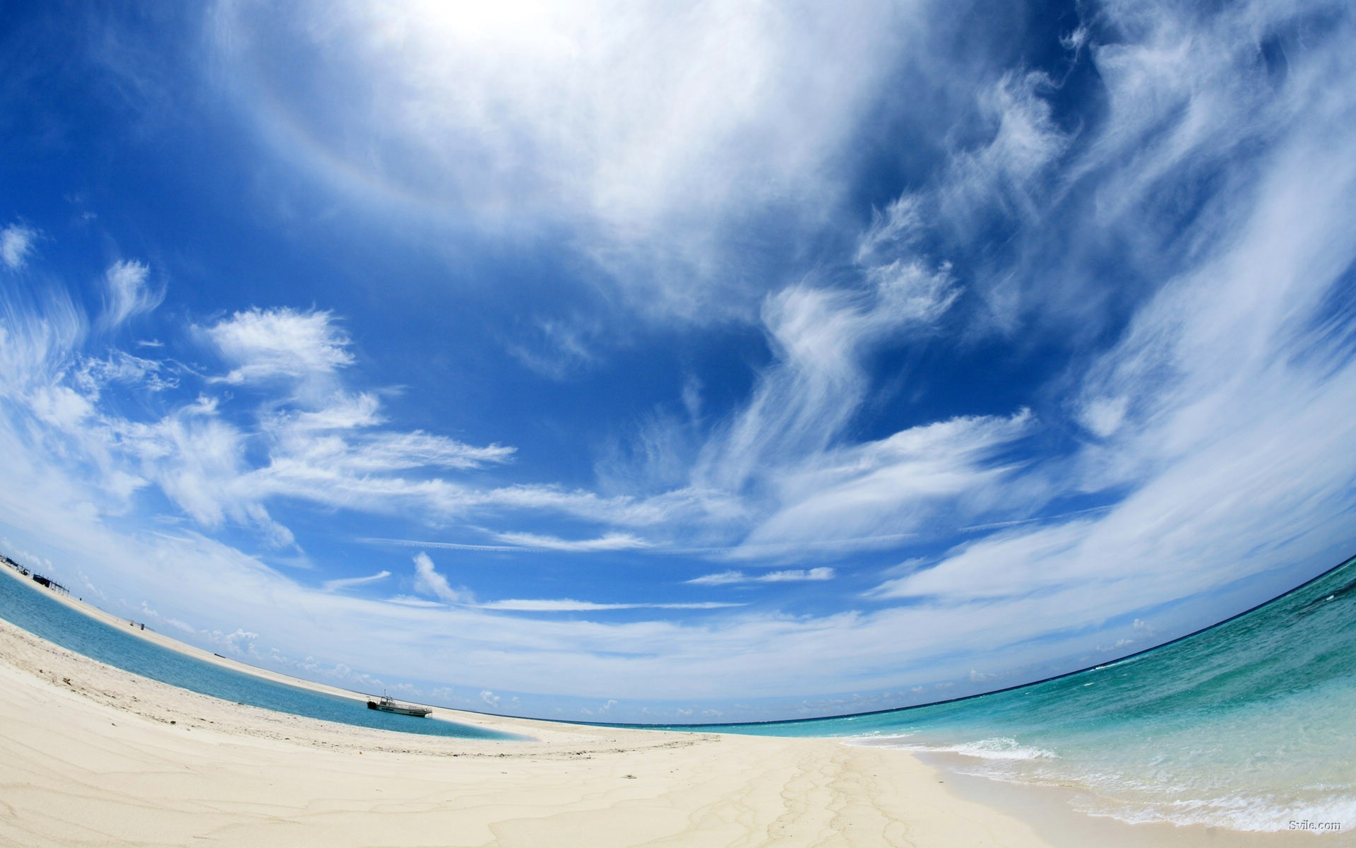 Spiaggia, Fisheye, Nuvole, Mare, 1920x1200, sfondo MacBook Pro