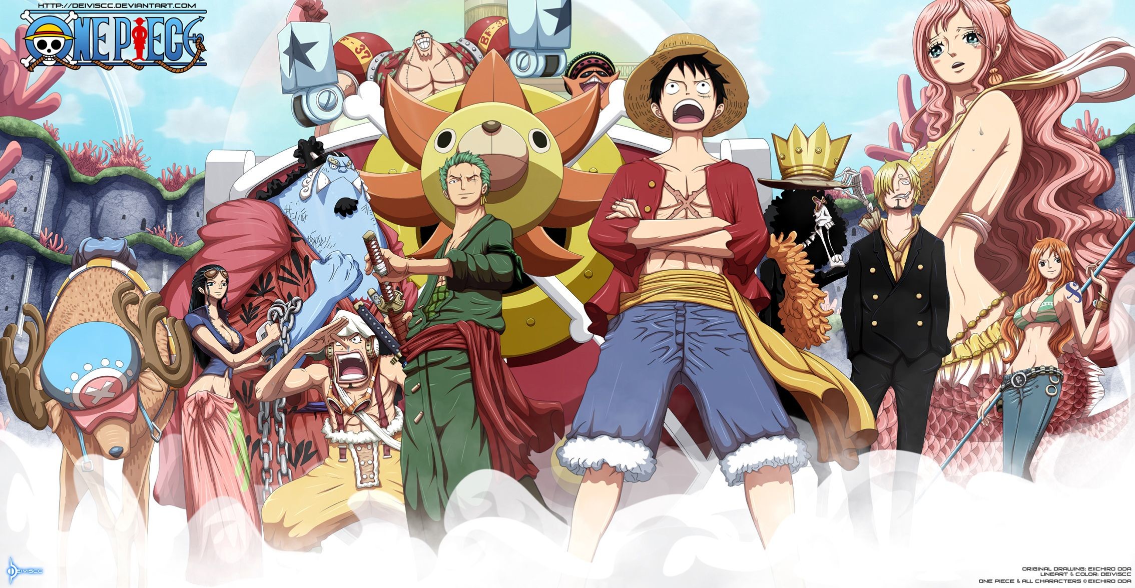 Ciurma di Cappello di Paglia, Thousand Sunny, Shirahoshi, Isola degli uomini-pesce, One Piece, sfondo Full HD