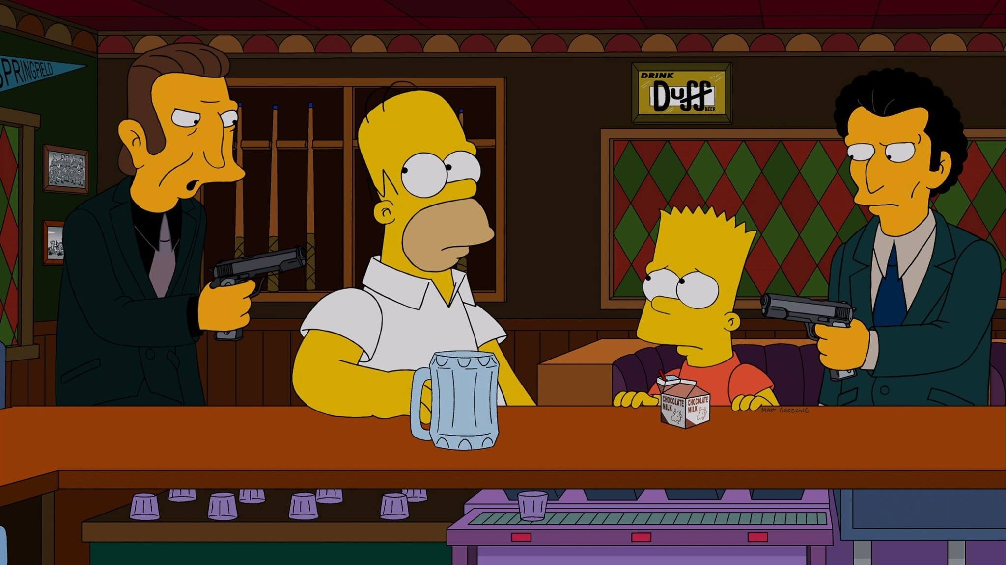 Homer Simpson, Bart Simpson, I Simpson, Taverna di Boe, Duff, Pistole, sfondo 16:9 Full HD