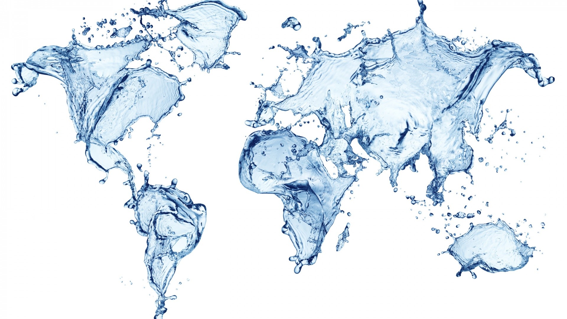 Mappa del mondo, Spruzzi d'acqua, Sfondo bianco, 16:9 Full HD, wallpaper widescreen