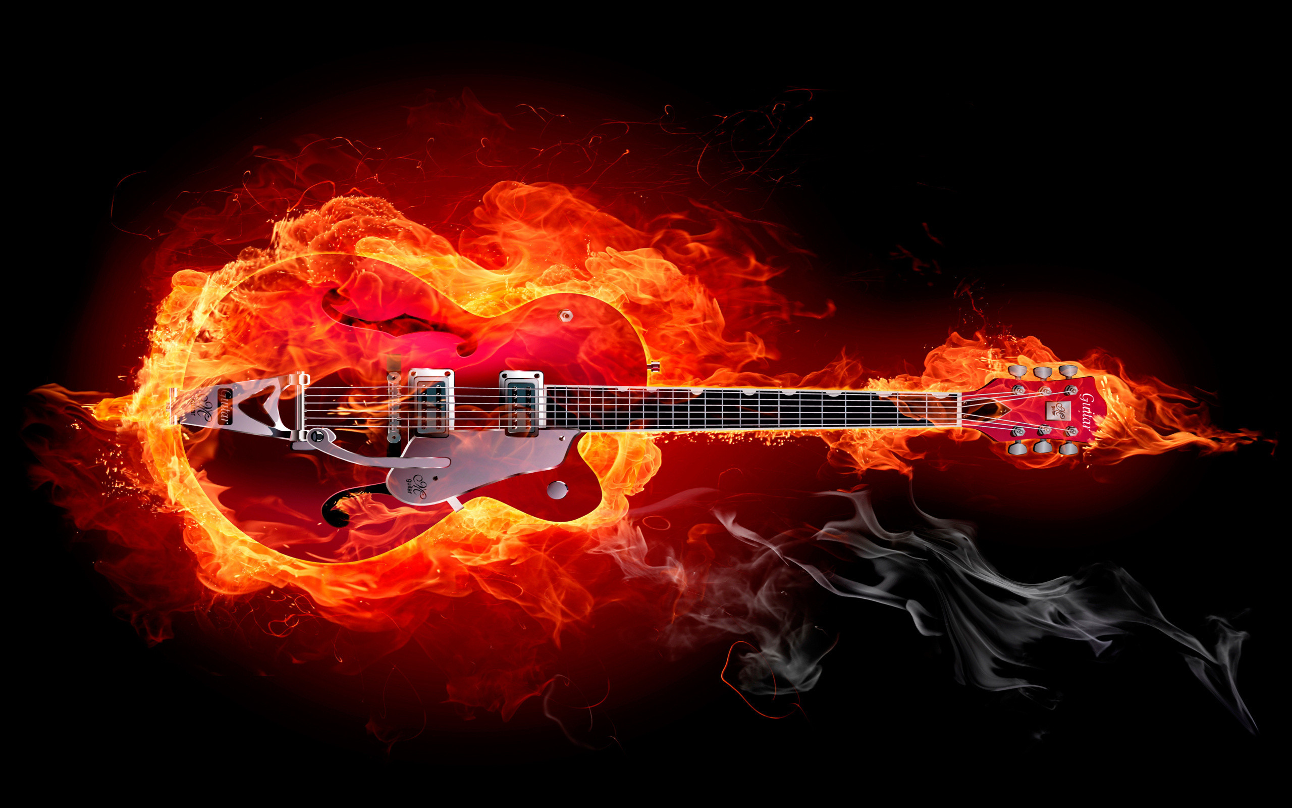 Gretsch, Chitarra elettrica, Fiamme, Sfondo nero, 2K, wallpaper desktop
