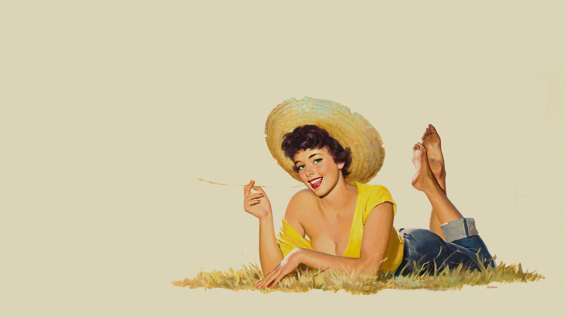 Gil Elvgren, Pin-up, Cappello di paglia, Erba, Dipinto, Full HD, sfondo Windows 11