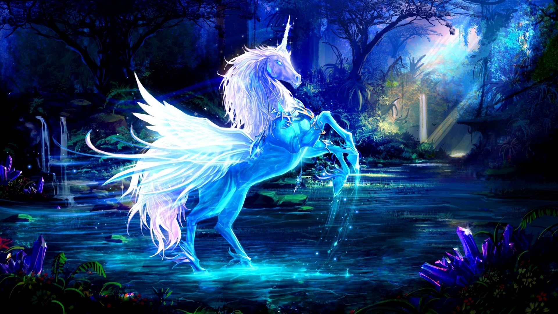 Unicorno alato, Lago, Foresta notturna, Fantasy, Blu, Full HD, sfondo Windows 11