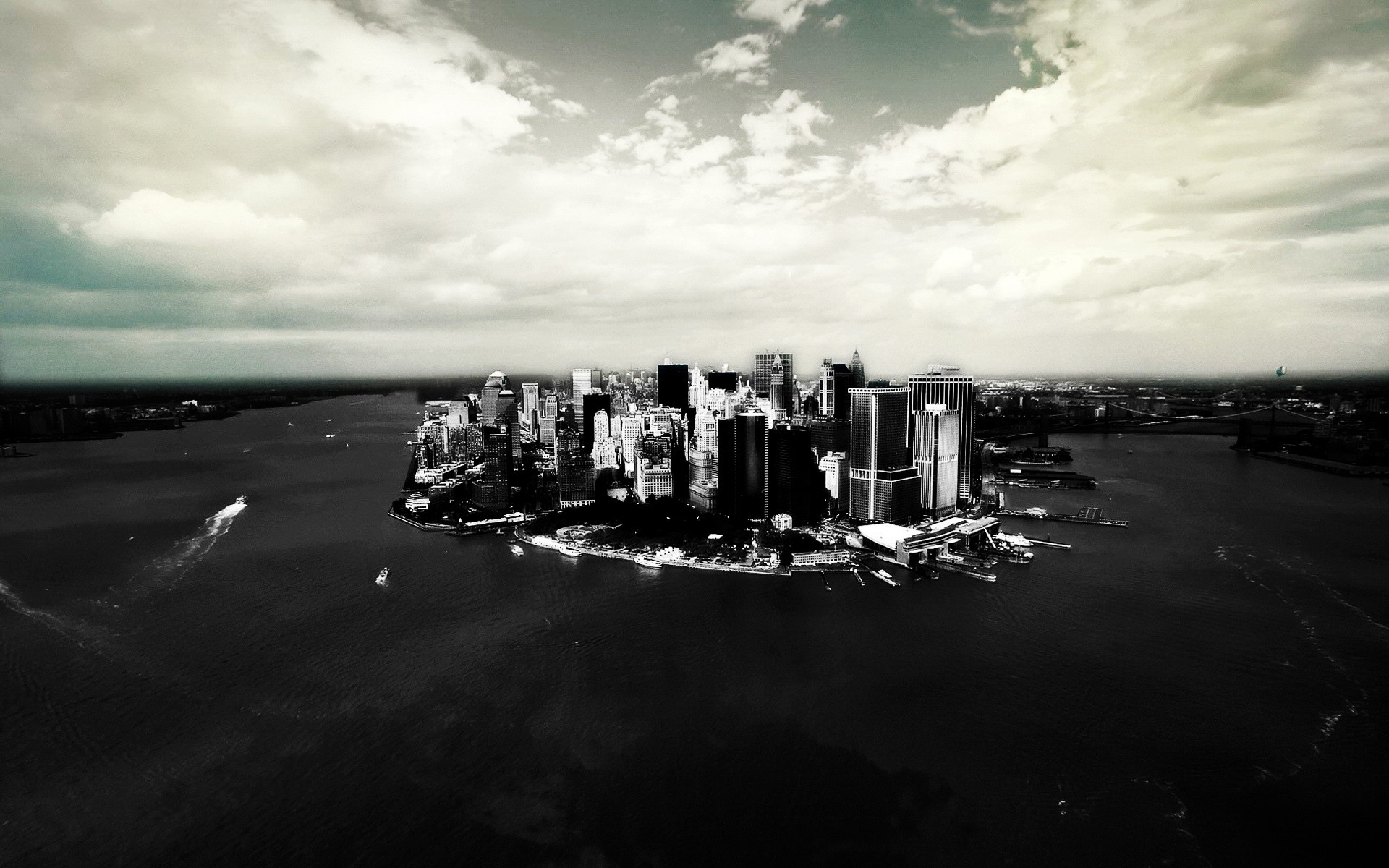 Manhattan, Isola, Bianco e nero, Vista aerea, 1920x1200, wallpaper desktop