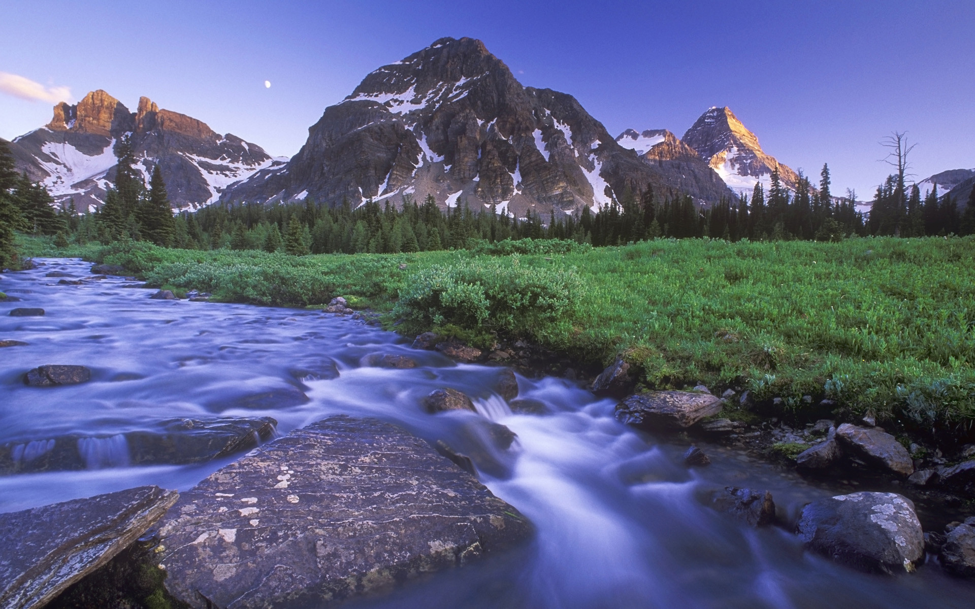 Torrente, Montagne, Prato, Crepuscolo, Full HD, immagine di sfondo Windows