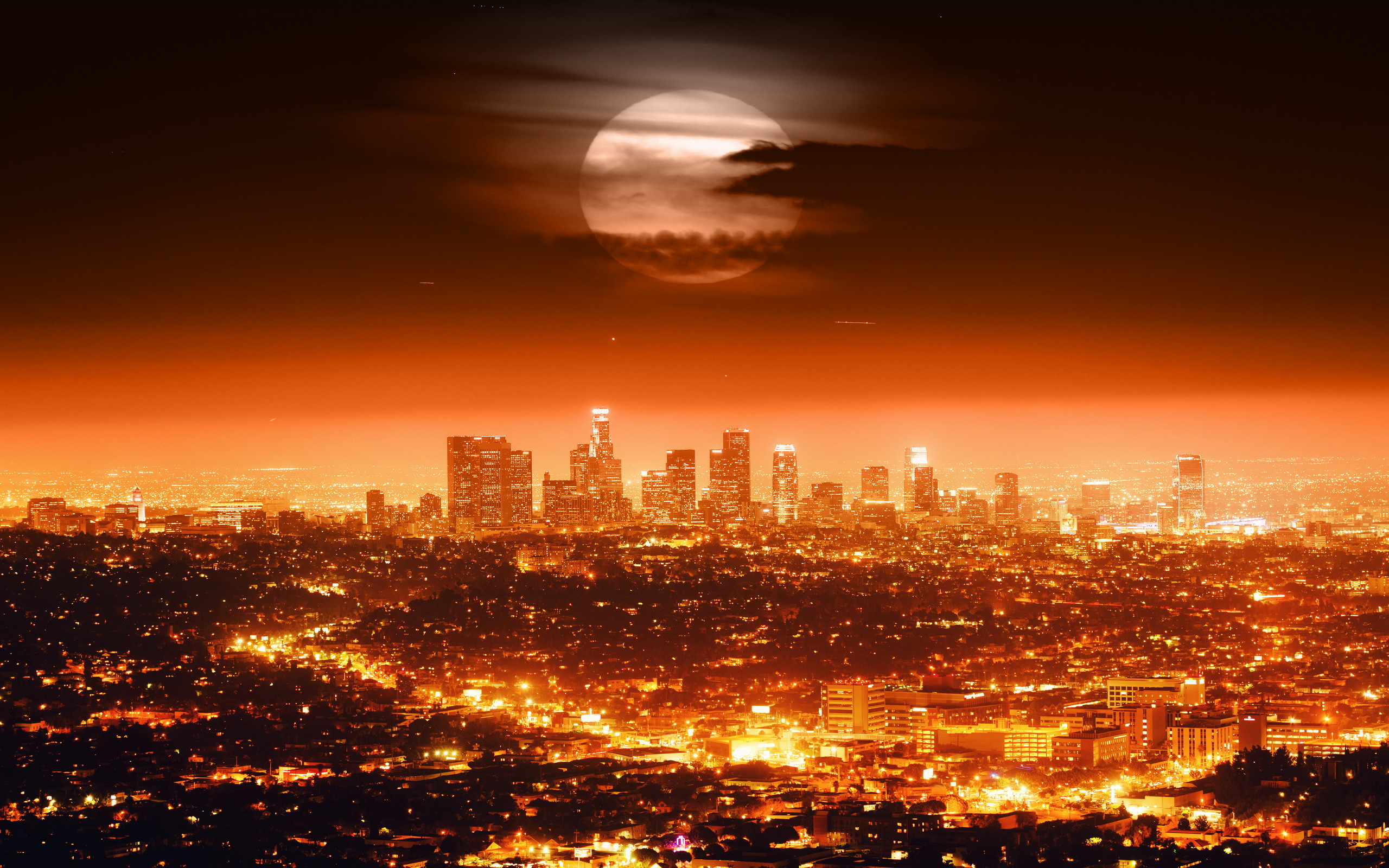 Los Angeles, Skyline, Luna piena, Notte, Luci della città, 2K, sfondo Windows 11
