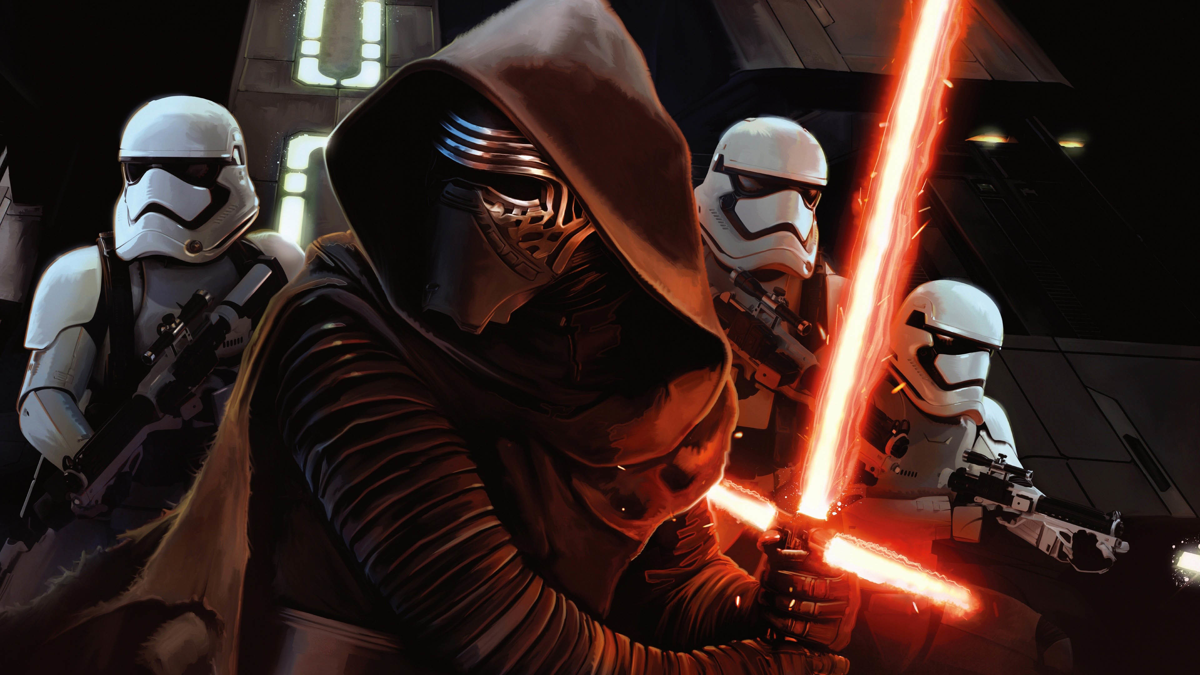 Kylo Ren, Stormtrooper del Primo Ordine, Star Wars, Spada laser, sfondo 3840x2160 per PC