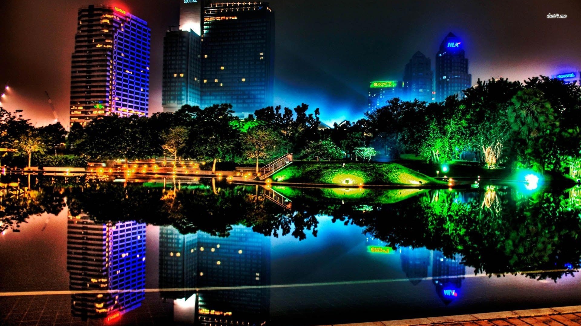 Città di notte, Grattacieli, Luci, Riflesso, sfondo desktop Windows Vista