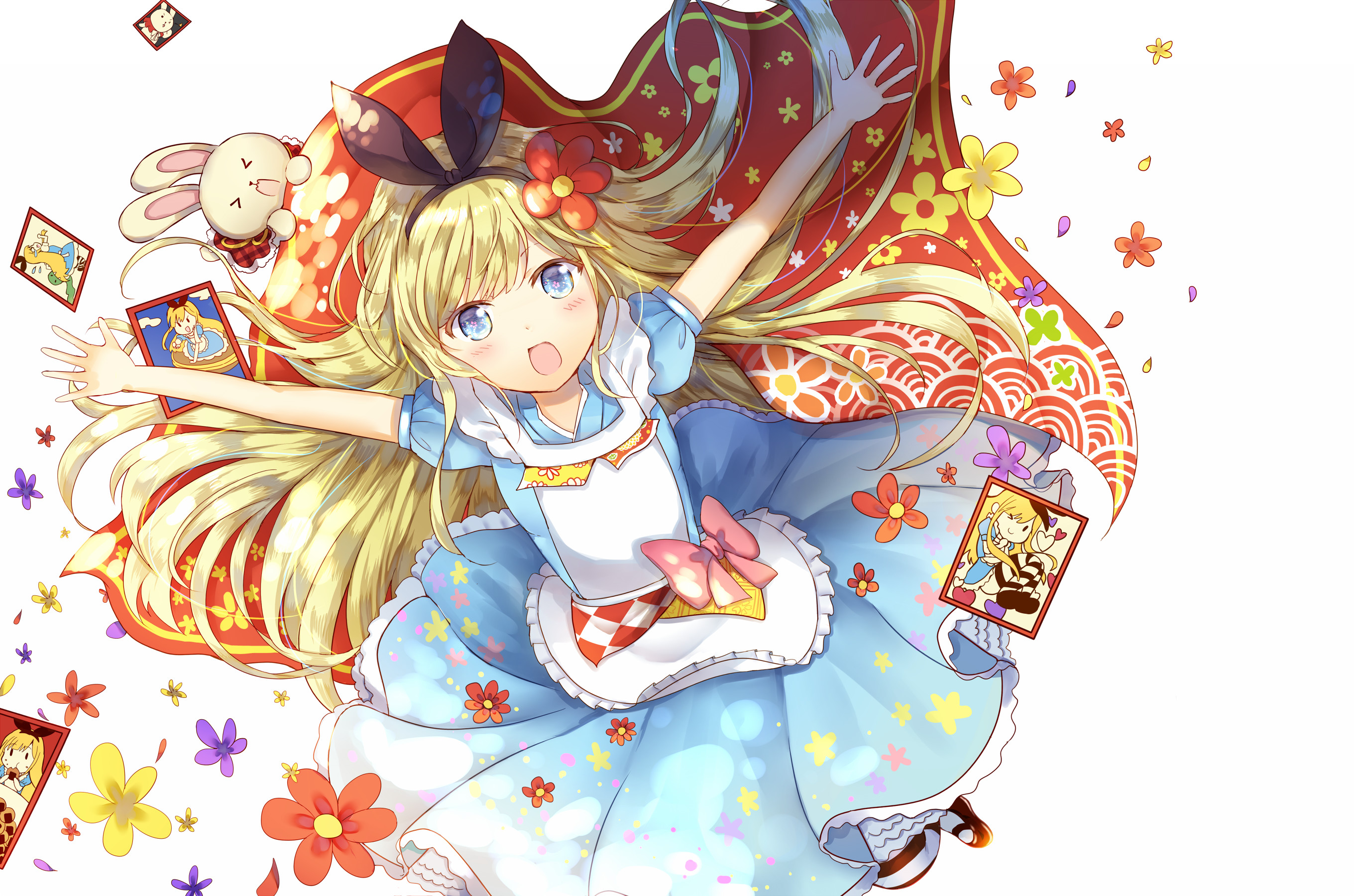 Alice, Anime, Coniglio, Carte da gioco, Fiori, 2K, sfondo desktop