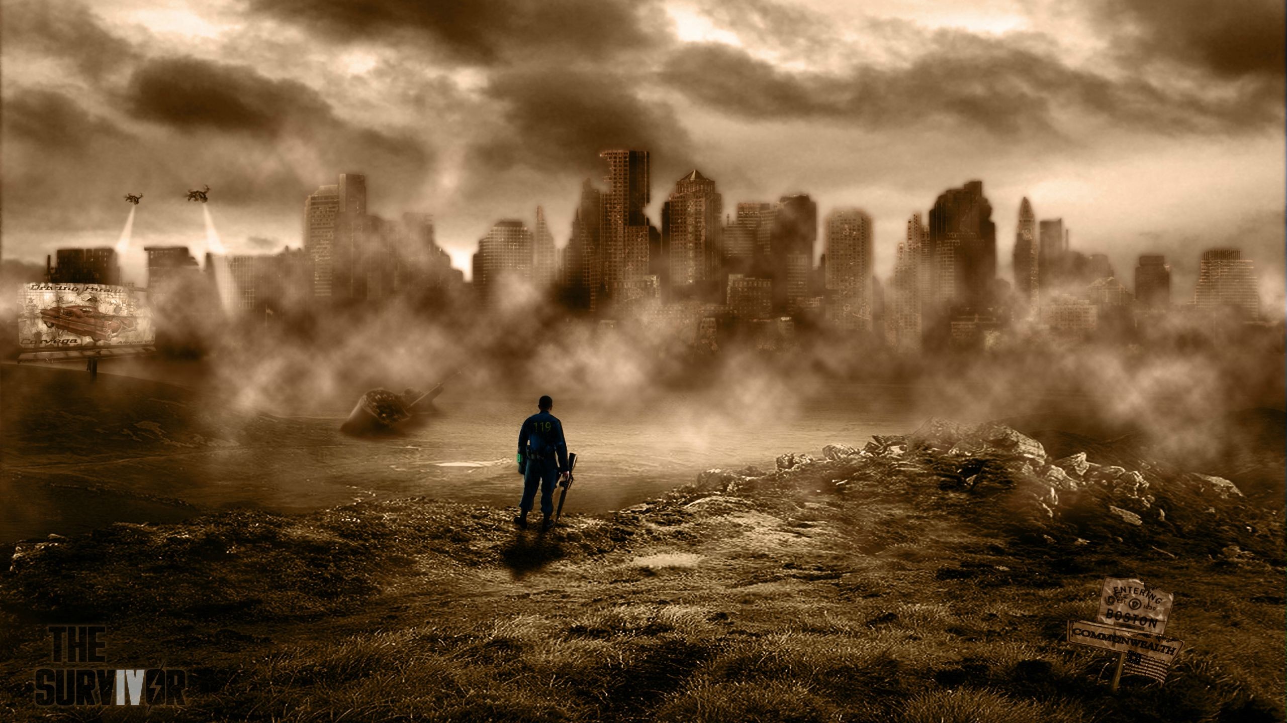 Fallout, Città in rovina, Post-apocalittico, Seppia, 2K, sfondo per PC e portatile