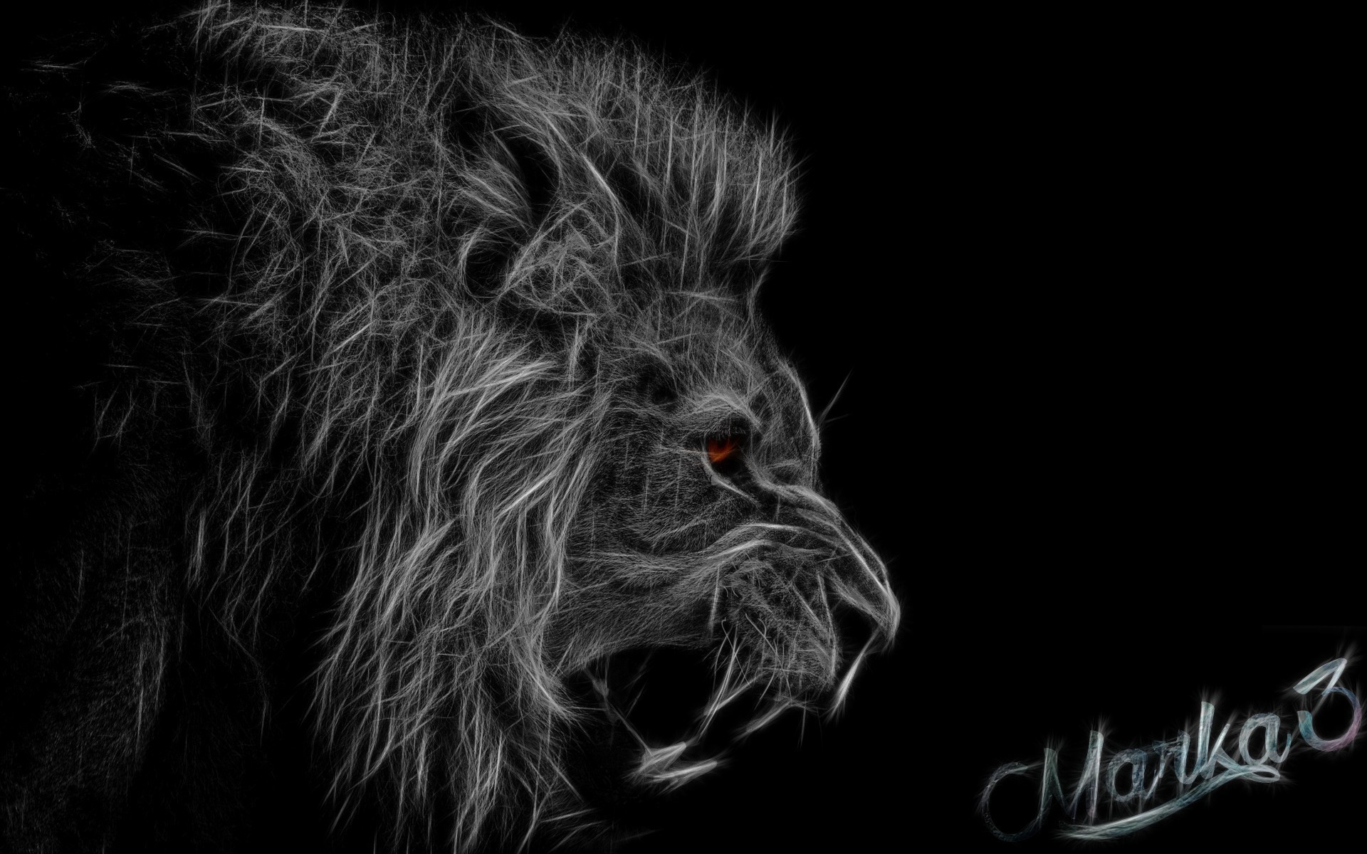 Leone, Frattale, Bianco e nero, Sfondo nero, 16:10 Full HD, wallpaper widescreen
