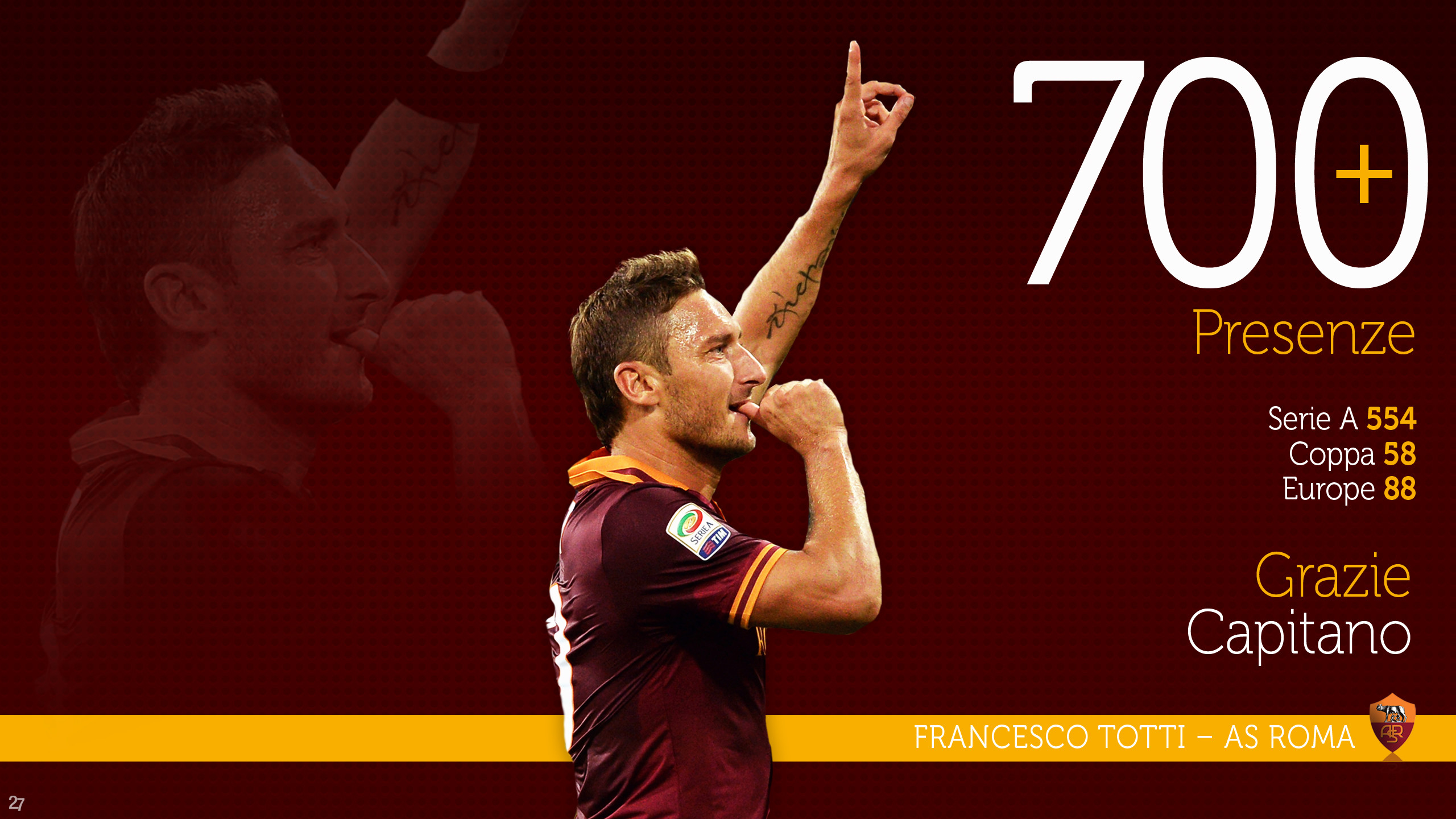 Francesco Totti, 700 presenze, Grazie Capitano, AS Roma, Bacio, 2K, sfondo desktop