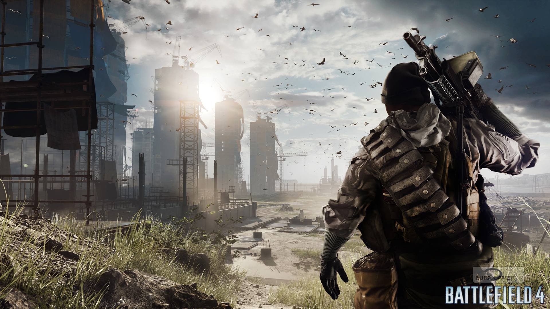Battlefield 4, Soldato, Città in rovina, Uccelli, Nebbia, 1920x1080, immagine di sfondo