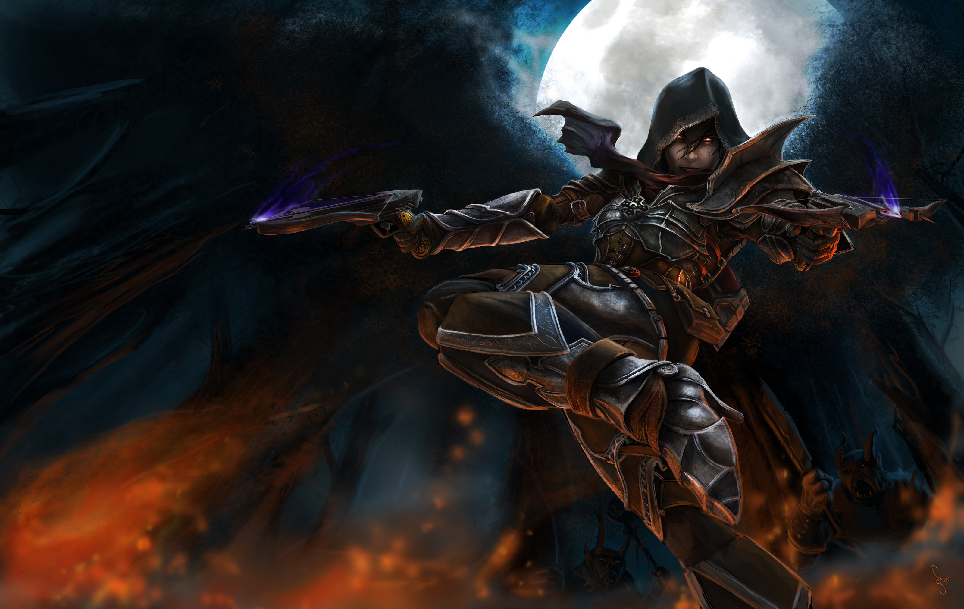 Cacciatore di demoni, Diablo III, Balestre, Luna piena, 2K, sfondo per portatile