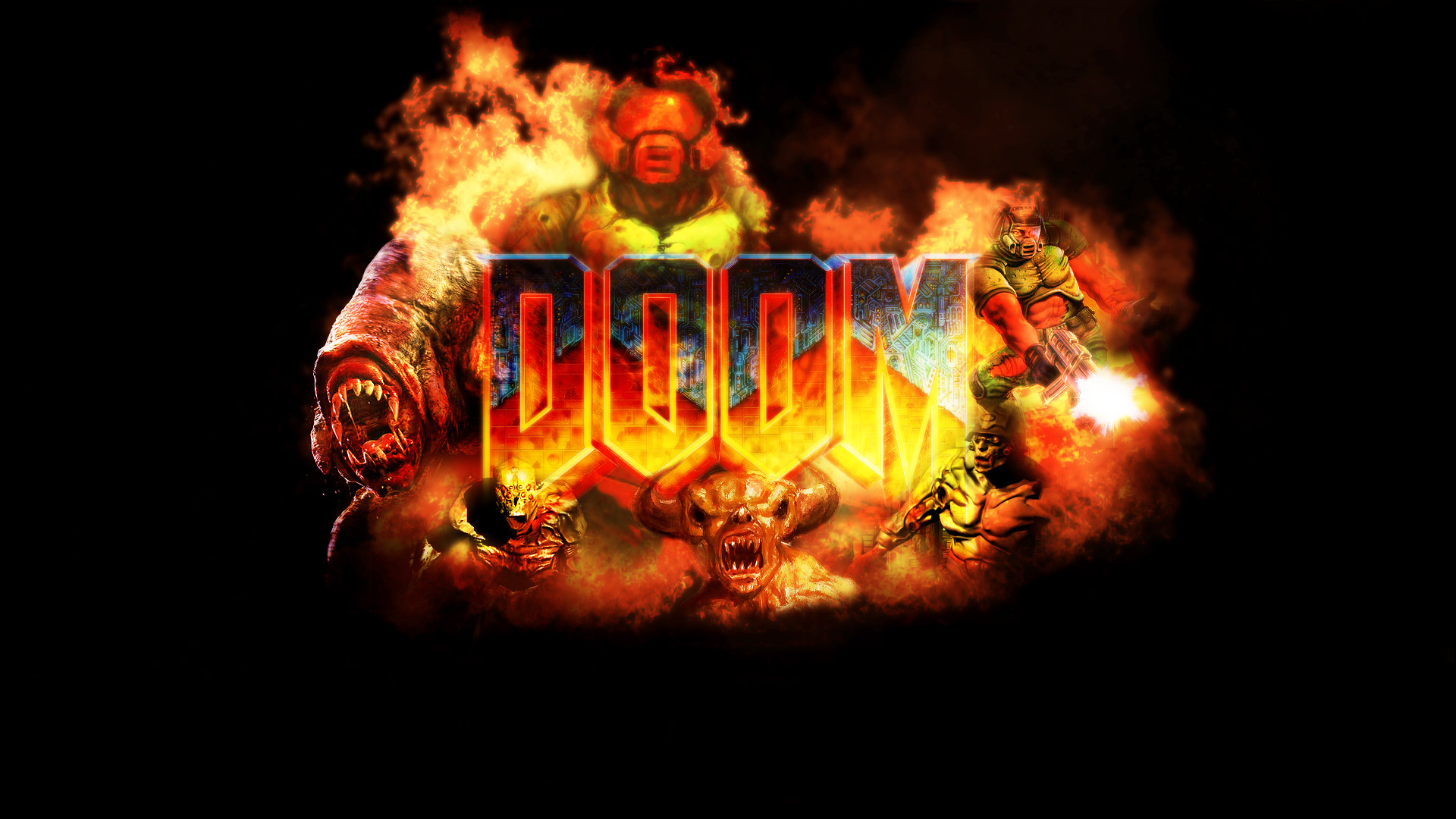 Doom, Logo, Cyberdemon, Fiamme, Full HD, sfondo per PC e portatile