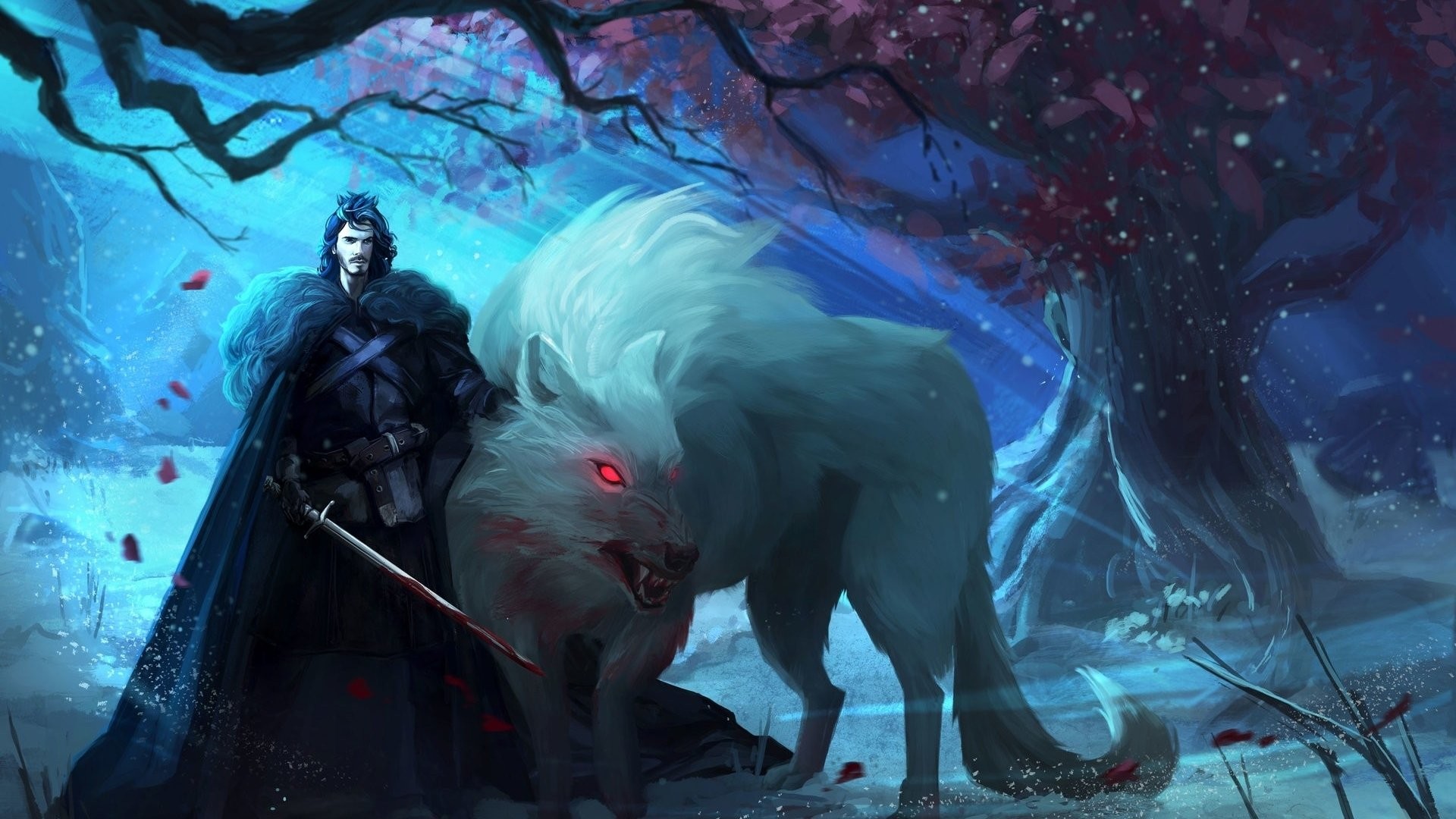 Jon Snow, Spettro, Albero-diga, Pittura digitale, Neve, 1920x1080, sfondo per PC