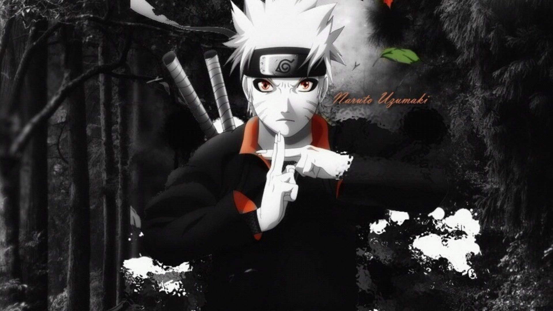 Naruto Uzumaki, Naruto, Foresta, Bianco e nero, Full HD, sfondo per portatile