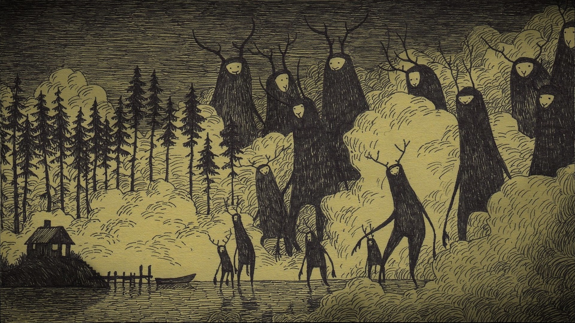 Creature cornute, Foresta, Lago, Illustrazione a china, 1920x1080, sfondo per PC