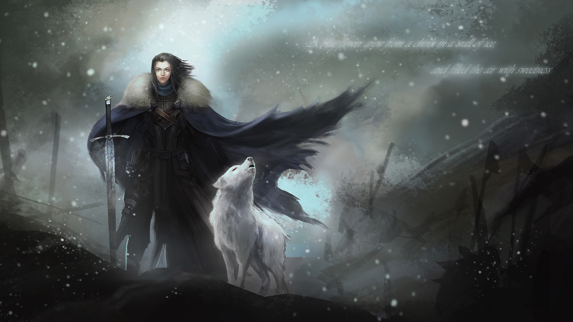 Jon Snow, Spettro, Spada, Mantello, Pittura digitale, 1920x1080, immagine di sfondo