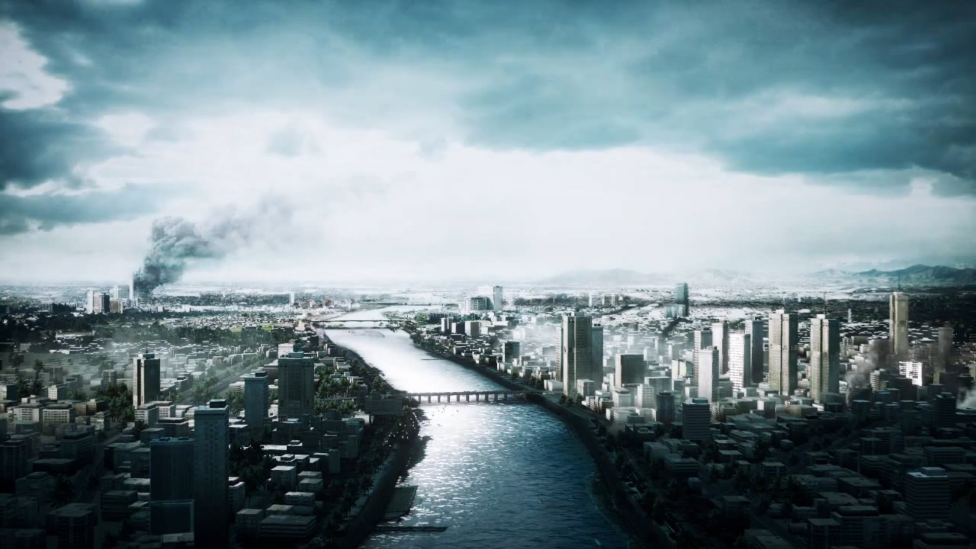 Battlefield 4, Città, Fiume, Fumo, Vista aerea, 16:9 Full HD, sfondo widescreen