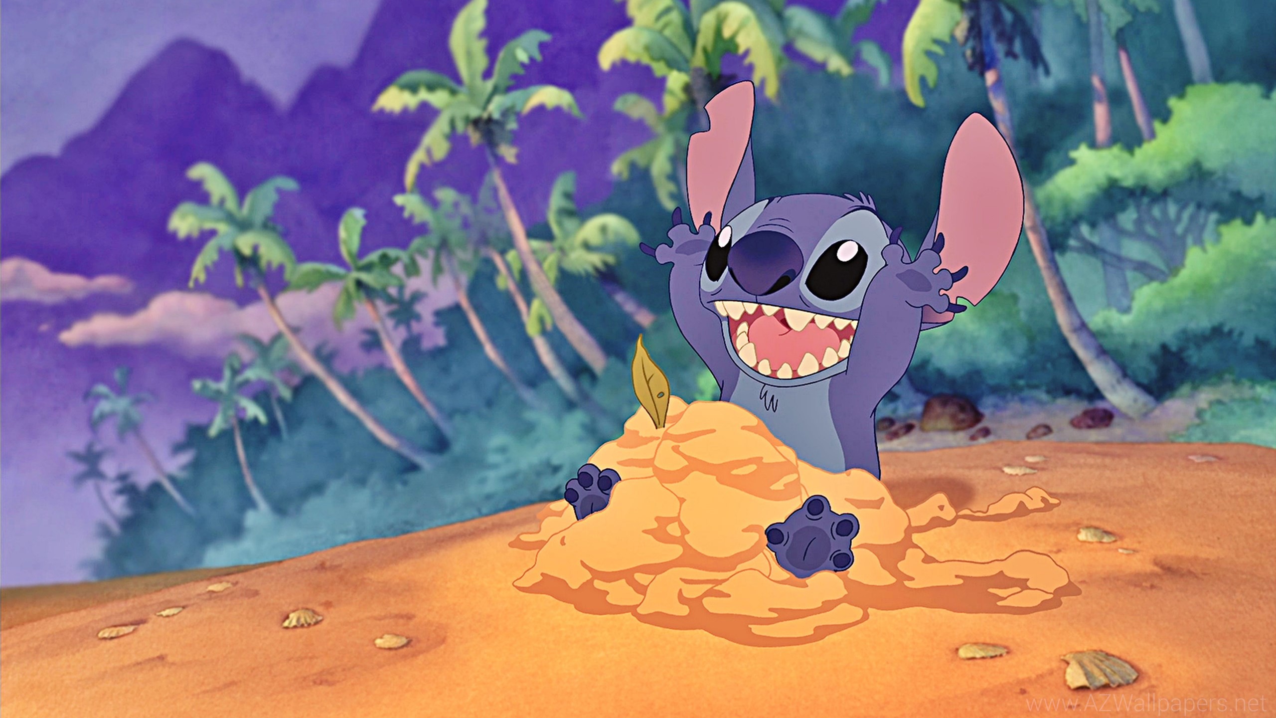 Stitch, Spiaggia, Palme, Lilo & Stitch, 2560x1440, immagine di sfondo