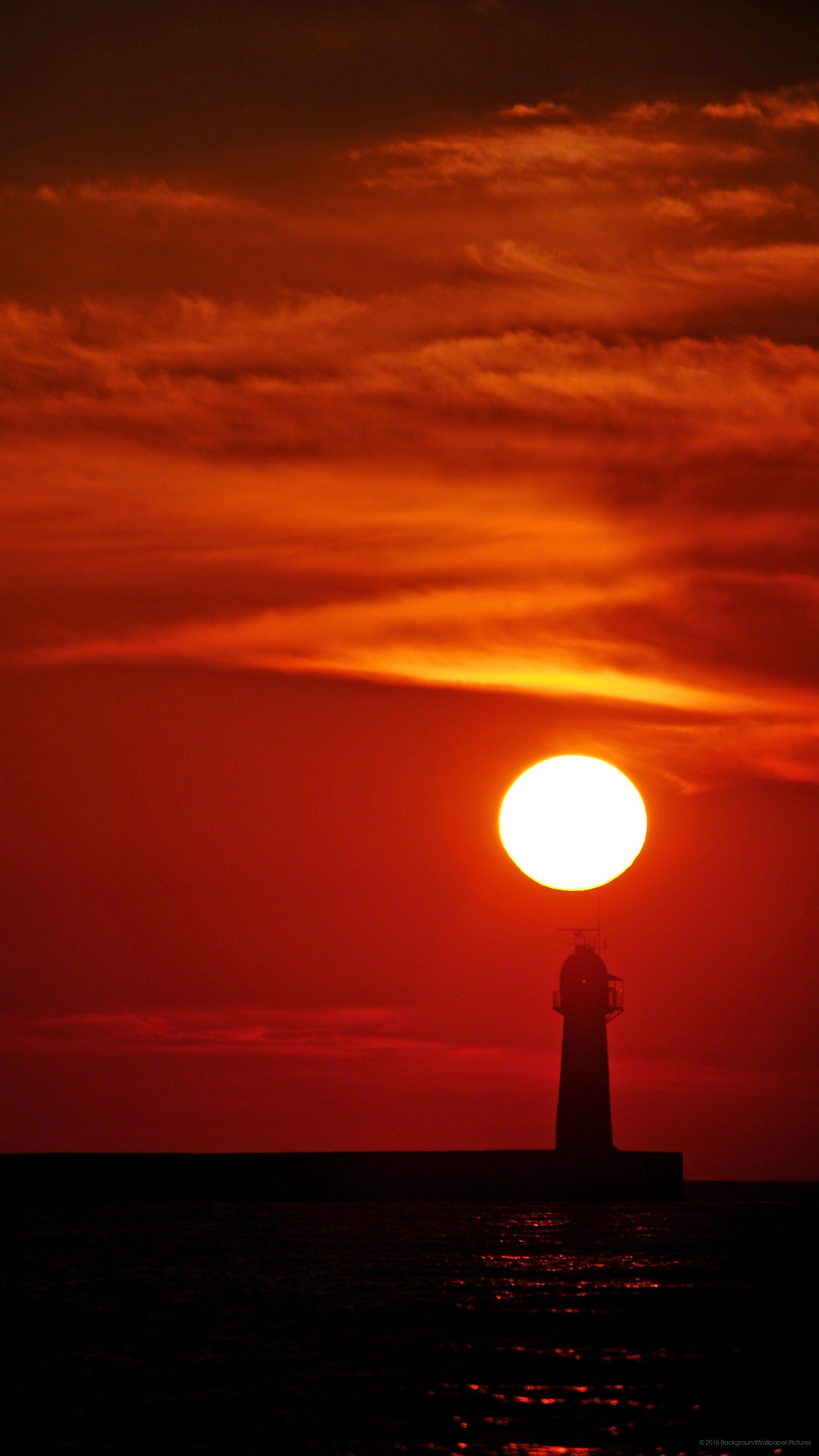Tramonto, Faro, Sole, Mare, Rosso, QHD+, sfondo per cellulare