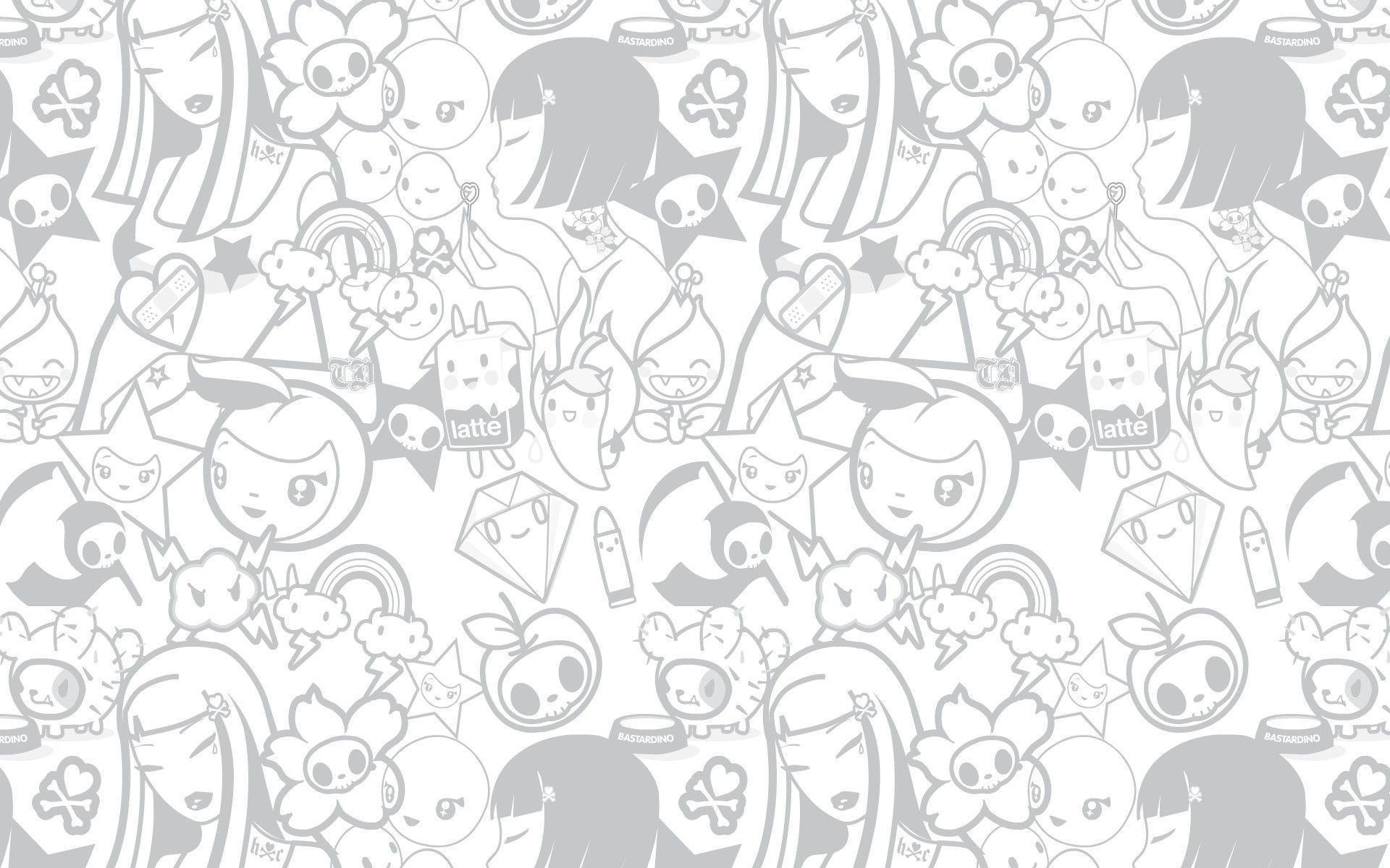 Kawaii, Doodle, Motivo, Grigio, Full HD, sfondo per PC