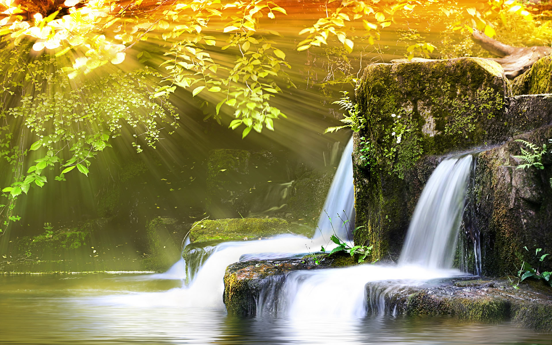 Cascata, Raggi di sole, Foresta, Rocce muschiose, 1920x1200, sfondo MacBook Pro