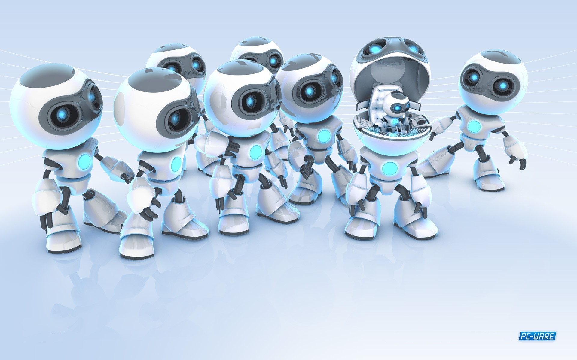 Robot, Gruppo, Rendering 3D, Azzurro, 16:10 Full HD, sfondo widescreen
