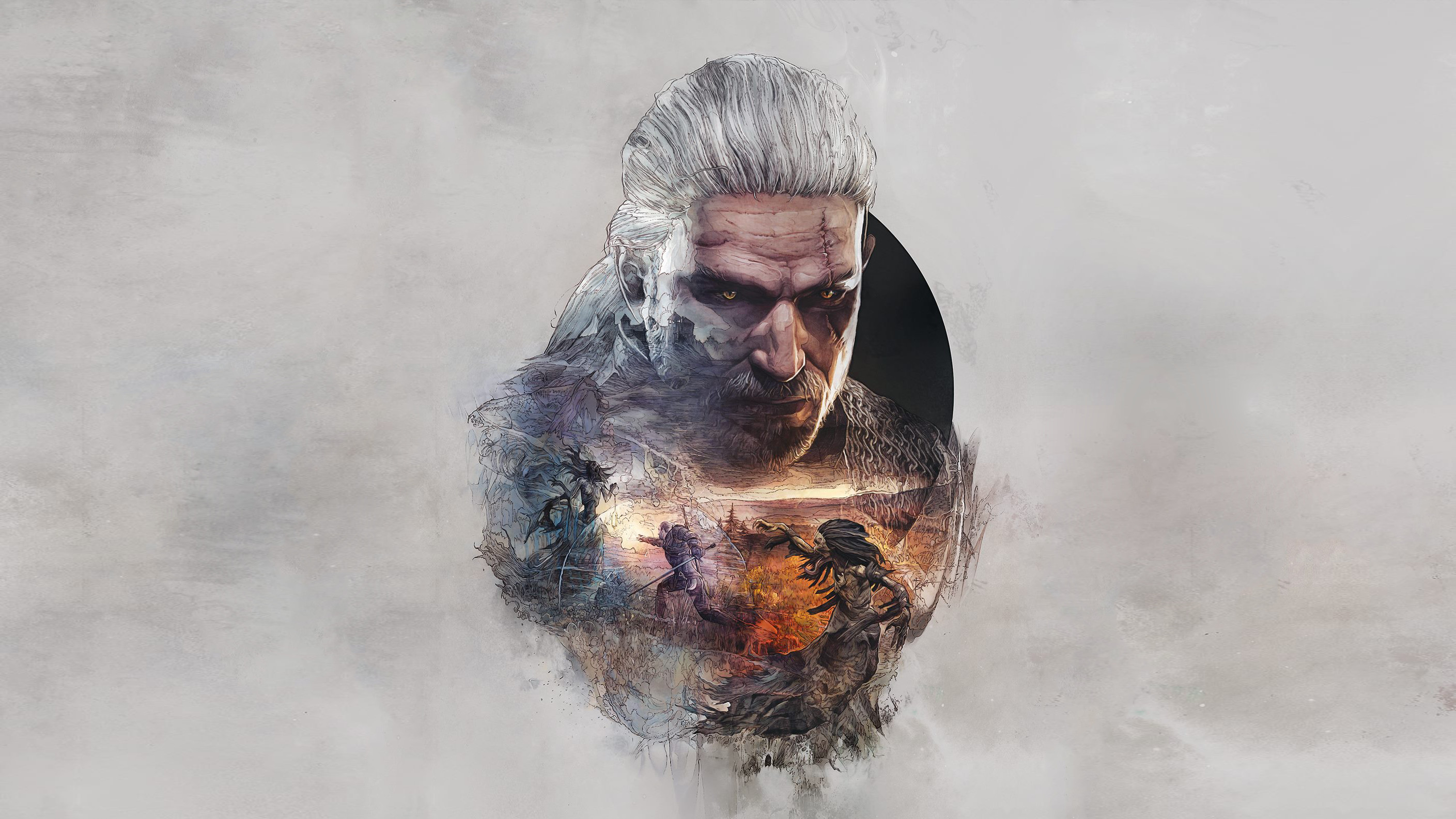 Geralt di Rivia, Doppia esposizione, The Witcher 3: Wild Hunt, Sfondo bianco, wallpaper 2K