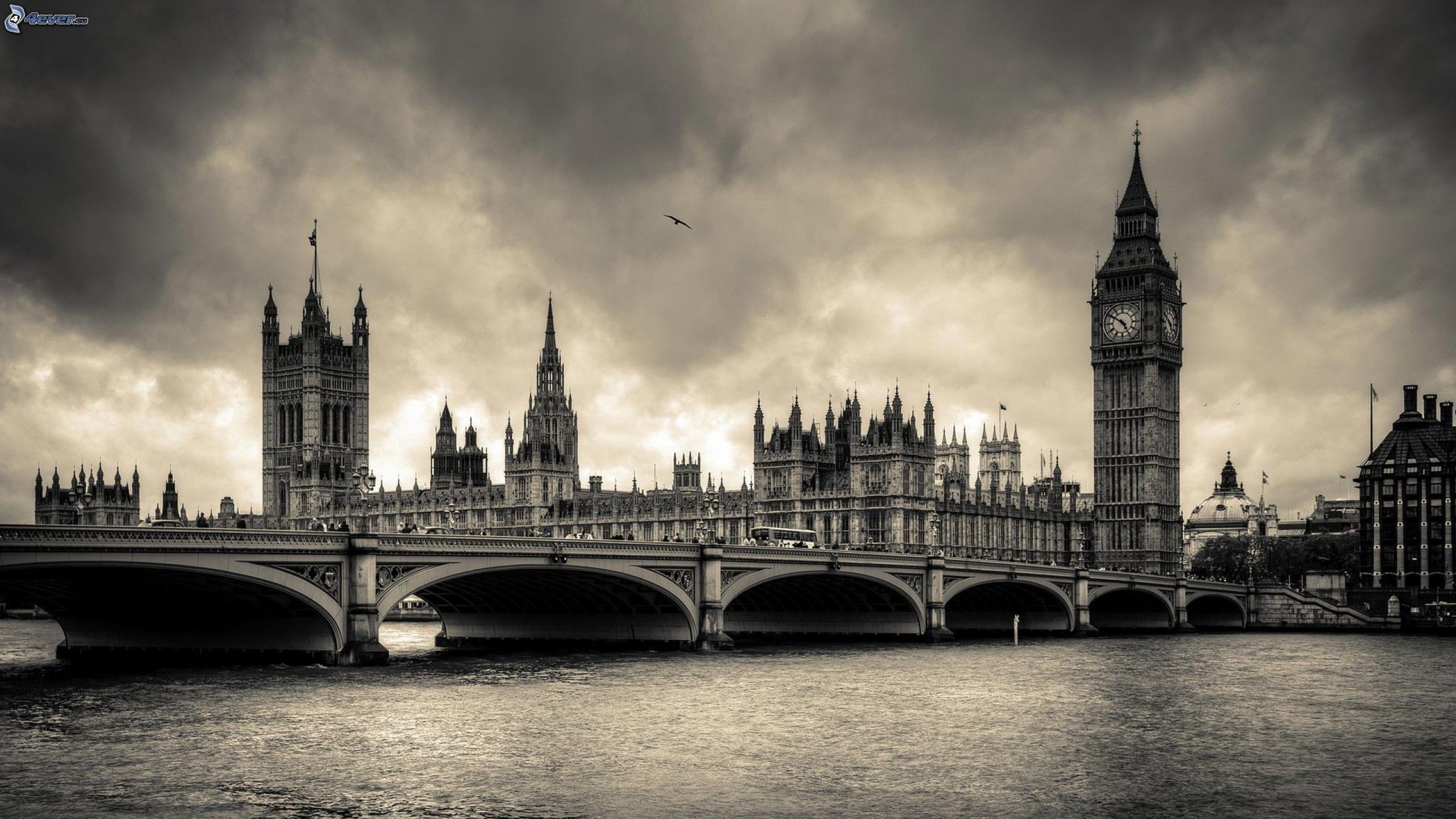 Palazzo di Westminster, Big Ben, Westminster Bridge, Londra, Bianco e nero, wallpaper per portatile