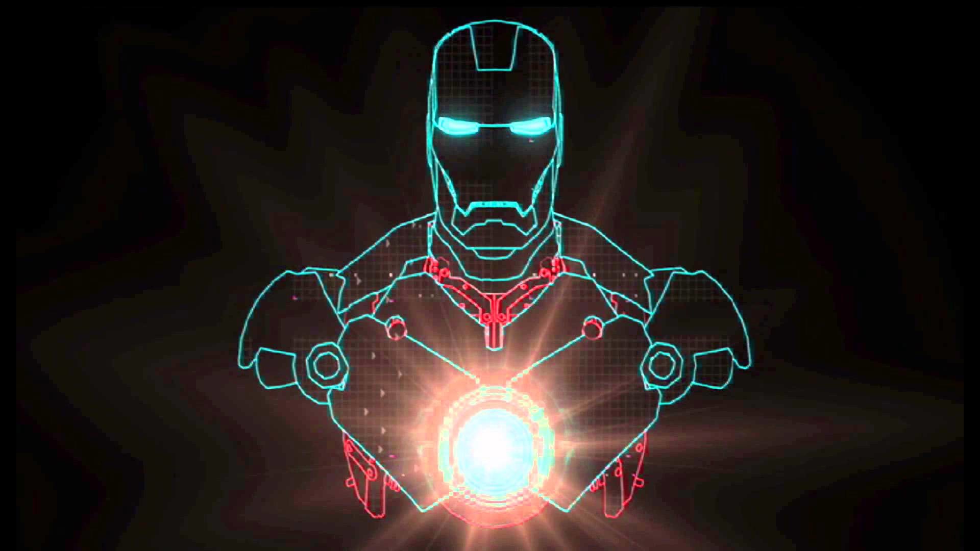 Iron Man, Contorni neon, Reattore Arc, Sfondo nero, Full HD, wallpaper per computer