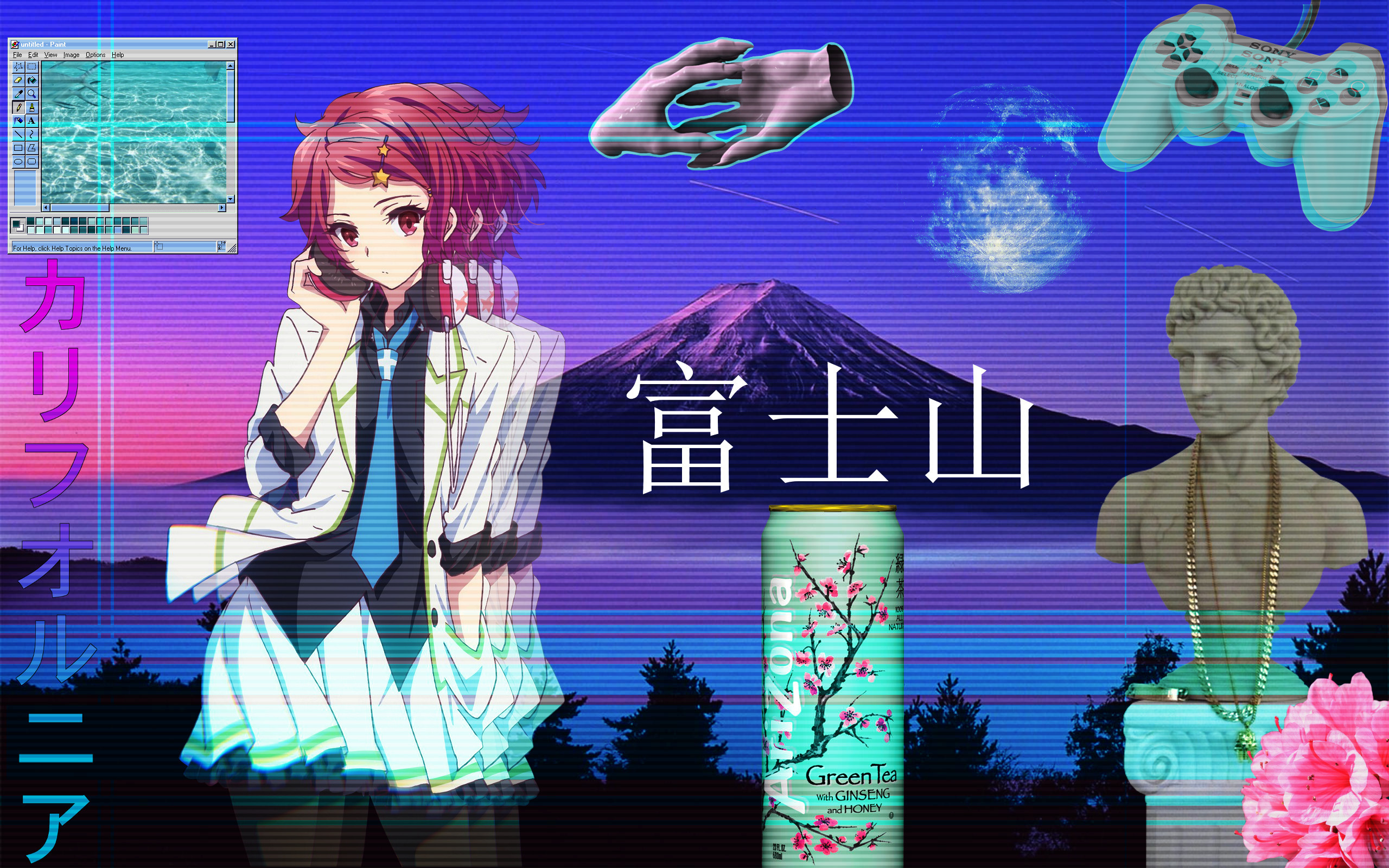 Vaporwave, Monte Fuji, Anime, AriZona, Busto classico, 2K, sfondo per PC e portatile