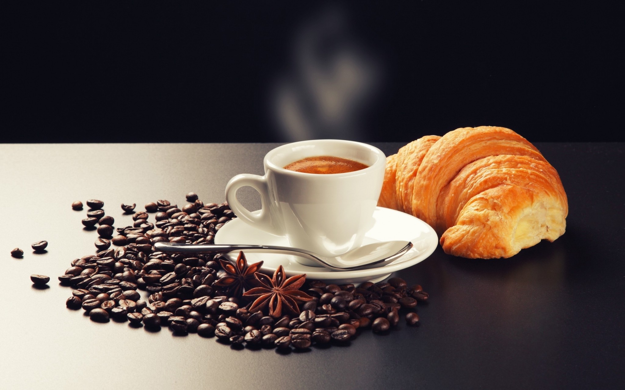 Espresso, Croissant, Chicchi di caffè, Anice stellato, Colazione, sfondo Full HD per portatile