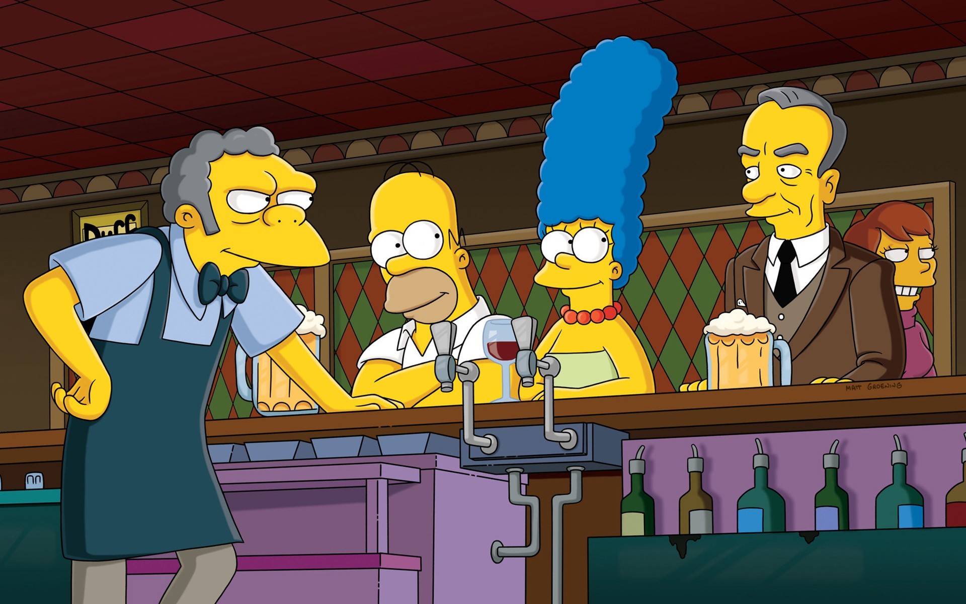 Boe Szyslak, Homer Simpson, Marge Simpson, I Simpson, Taverna di Boe, Bancone, sfondo Full HD