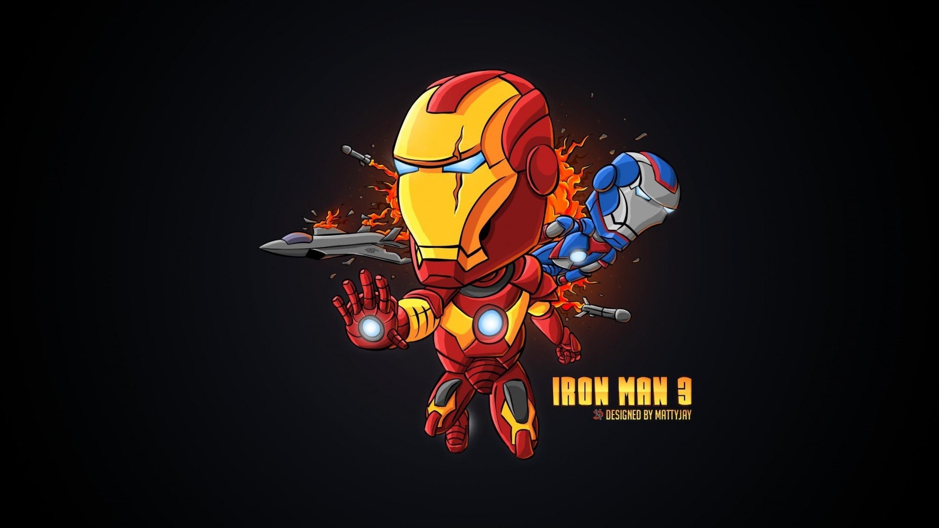 Iron Man 3, Iron Man, Iron Patriot, Chibi, Illustrazione, 1920x1080, immagine di sfondo