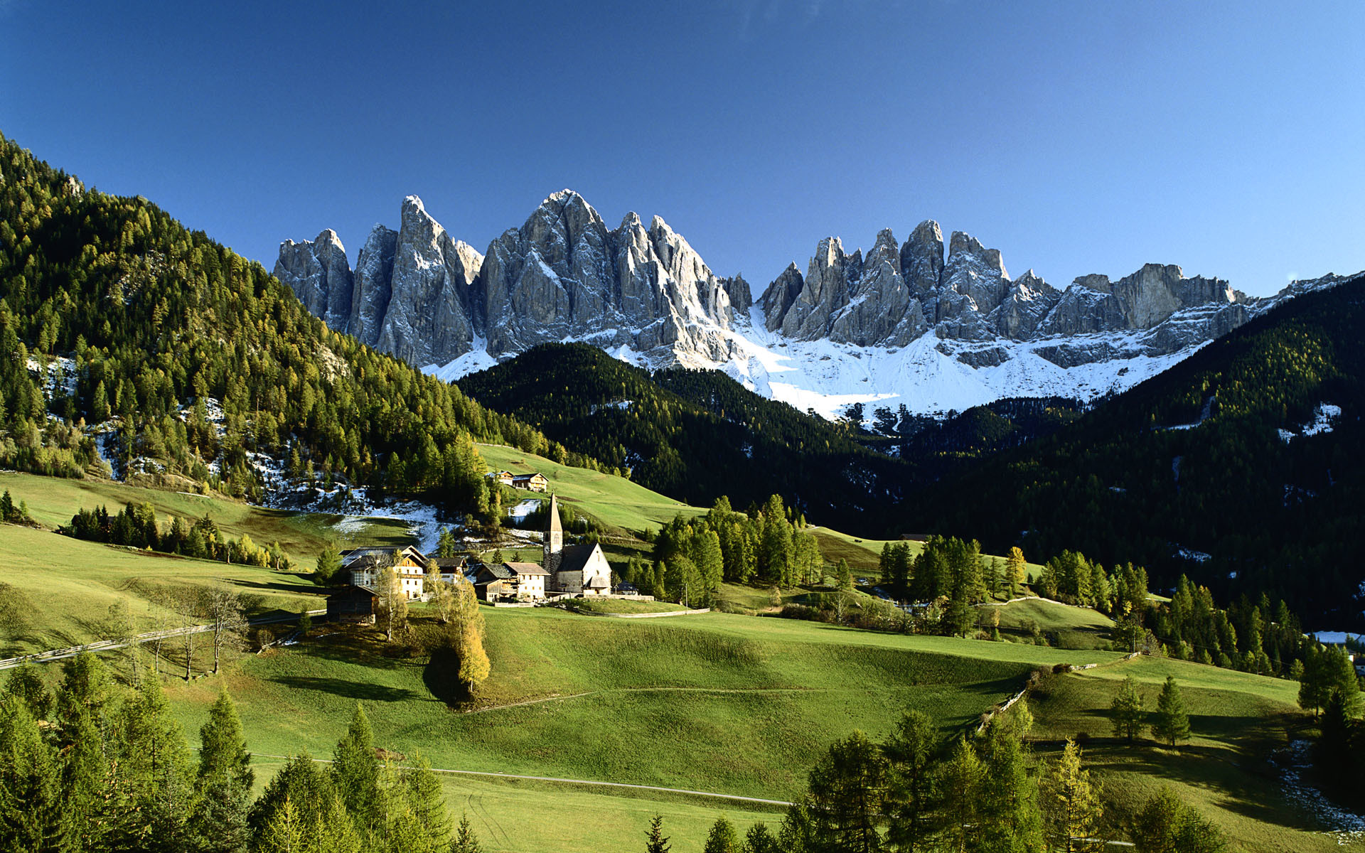 Val di Funes, Odle, Dolomiti, Italia, Prati, Full HD, sfondo Windows