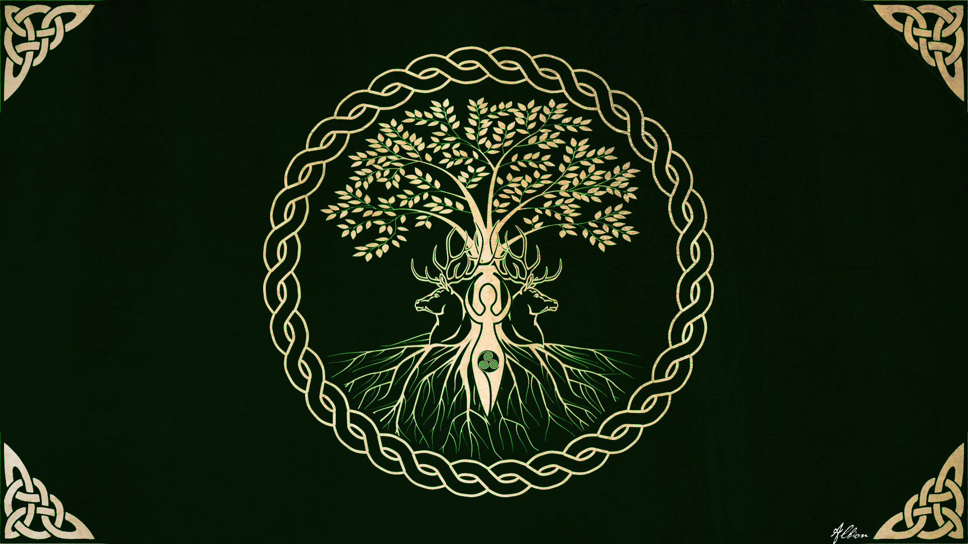 Albero della vita celtico, Nodo celtico, Cornice, Verde scuro, 1920x1080, immagine di sfondo