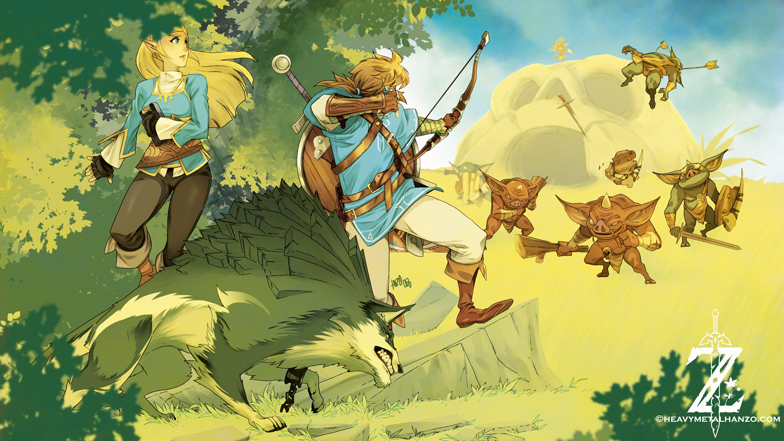 Link, Principessa Zelda, The Legend of Zelda: Breath of the Wild, Bokoblin, Fan art, sfondo 2K