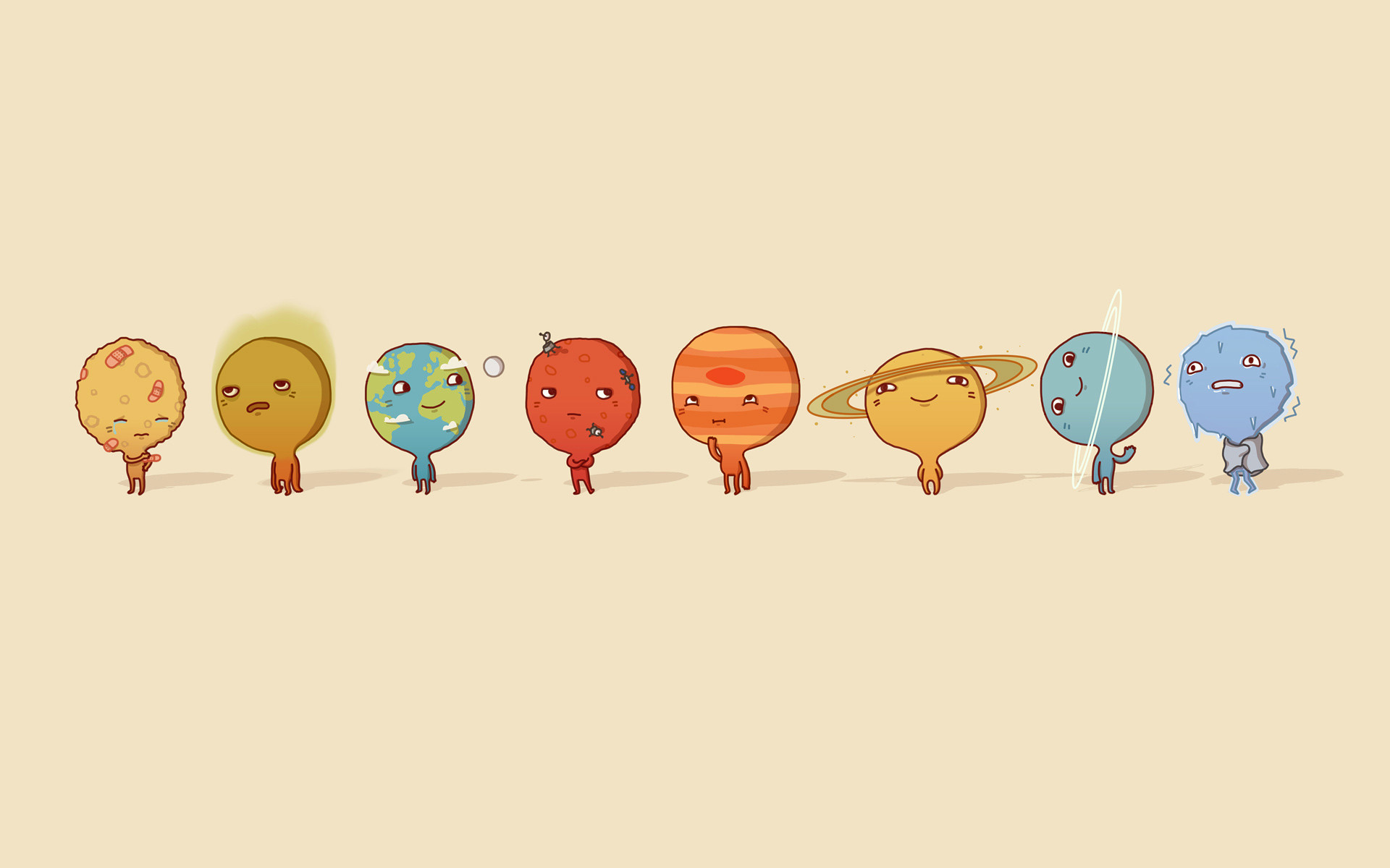 Sistema solare, Pianeti kawaii, Personaggi, Illustrazione, Sfondo beige, wallpaper per portatile