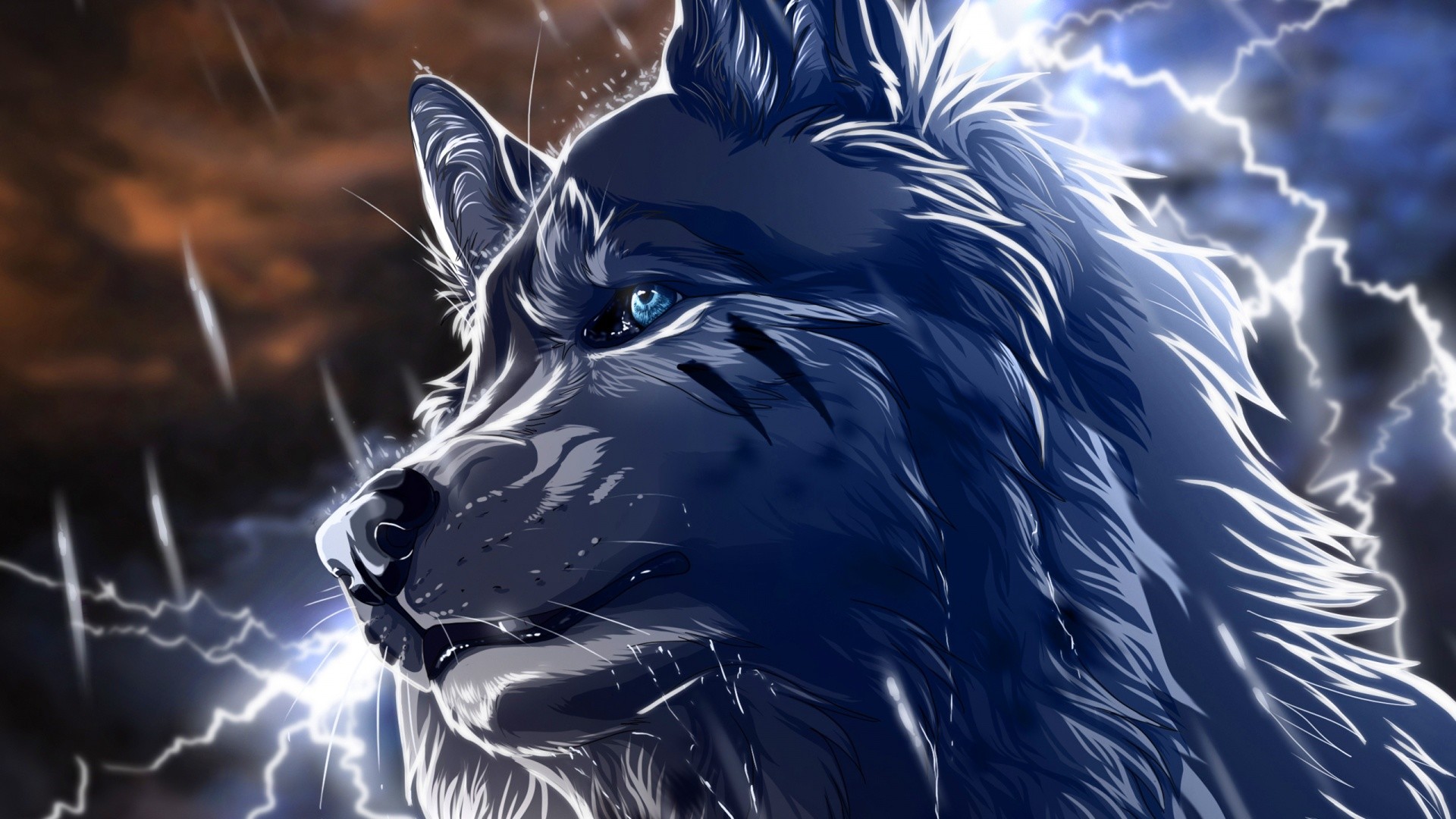 Lupo, Fulmini, Occhi azzurri, Arte digitale, Full HD, sfondo desktop