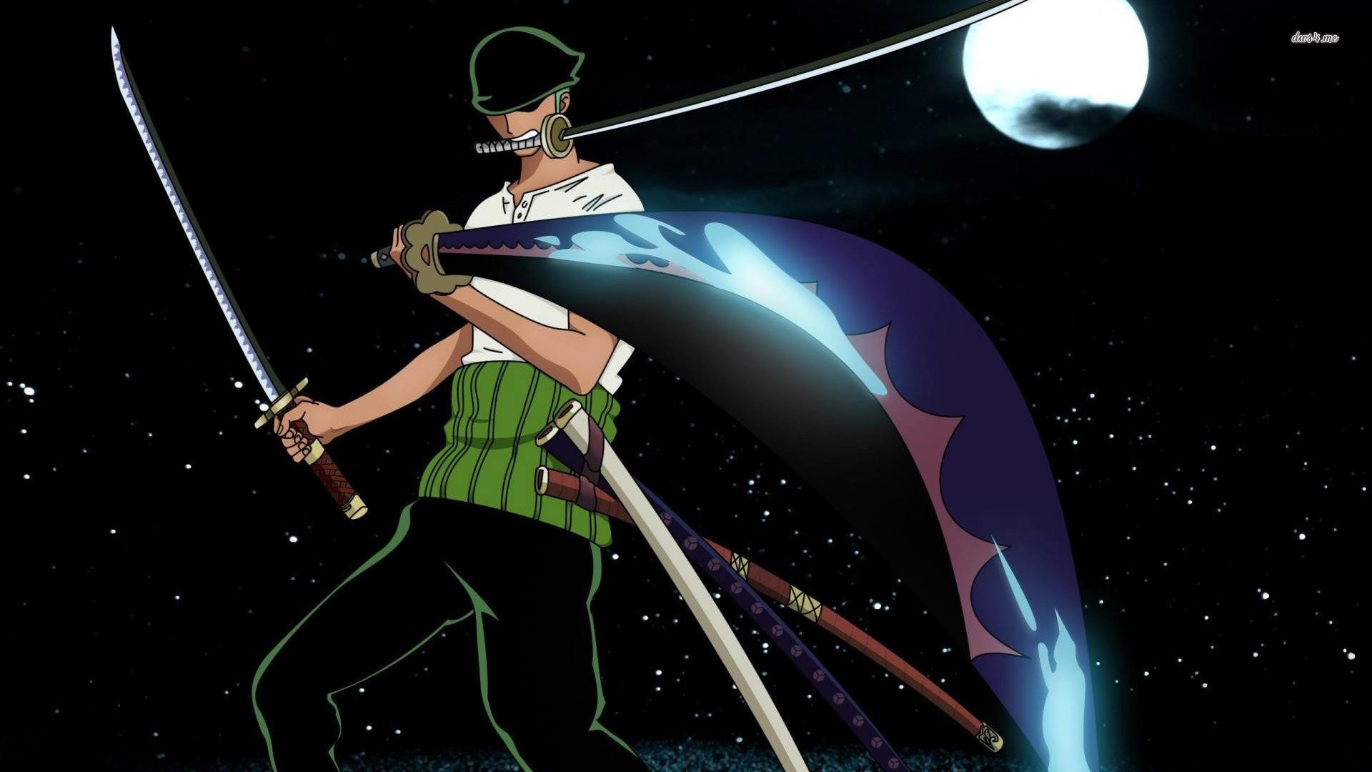 Roronoa Zoro, One Piece, Katane, Luna piena, Notte, Full HD, sfondo Windows 11