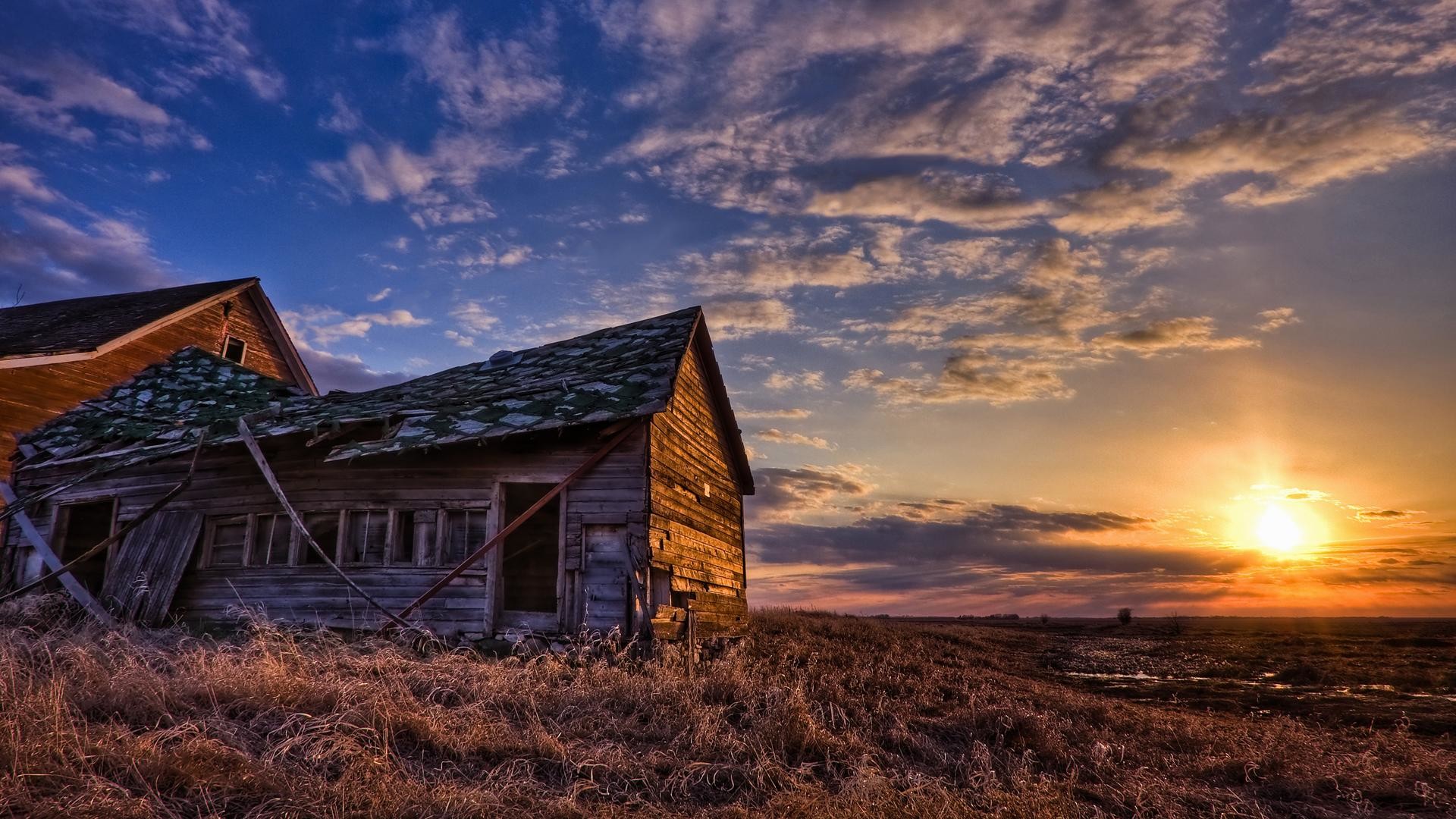 Casa abbandonata, Fienile, Tramonto, Prateria, Nuvole, Full HD, sfondo per il tuo desktop