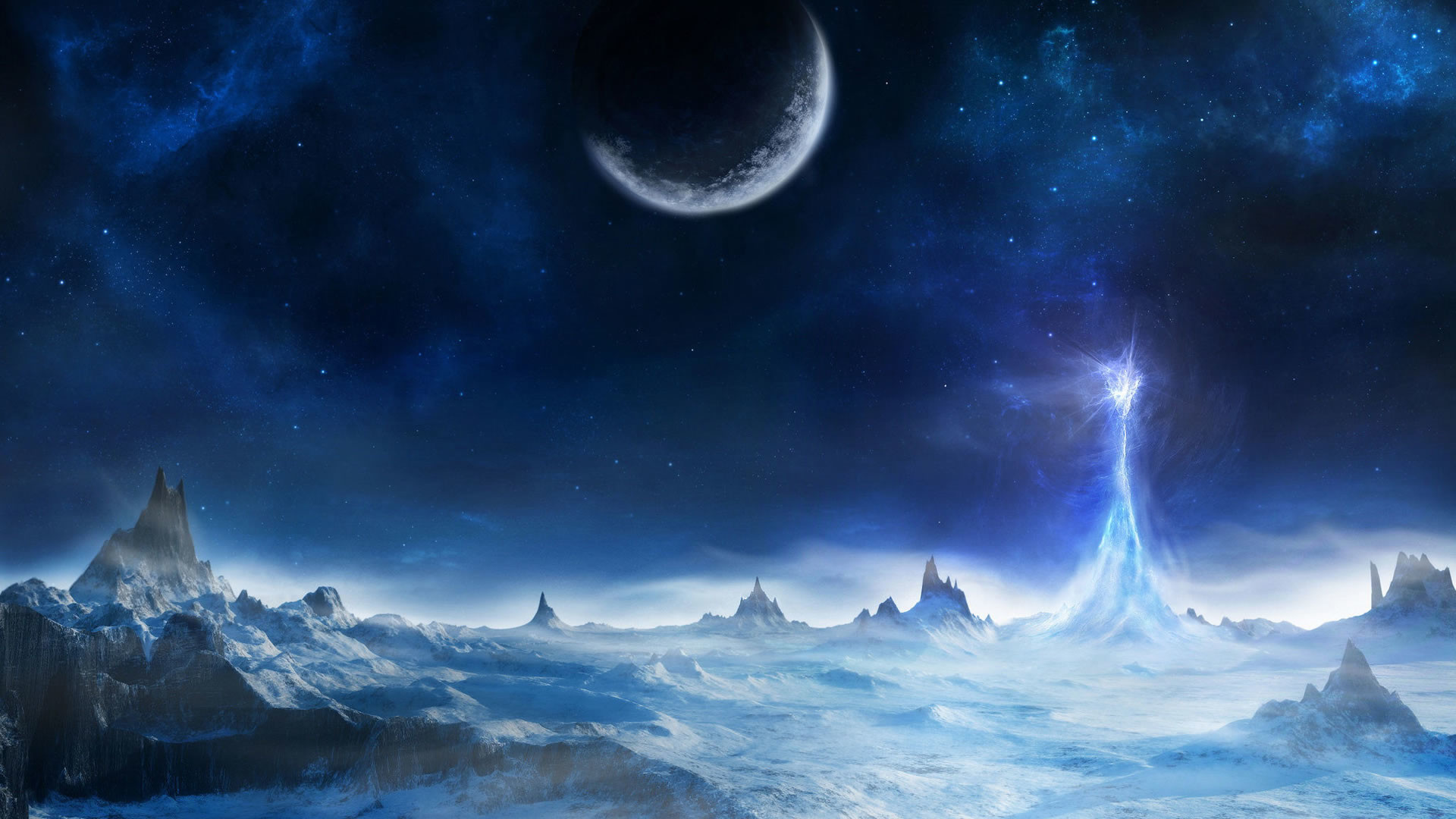 Paesaggio ghiacciato, Luna, Fascio di luce, Fantasy, Full HD, wallpaper per computer