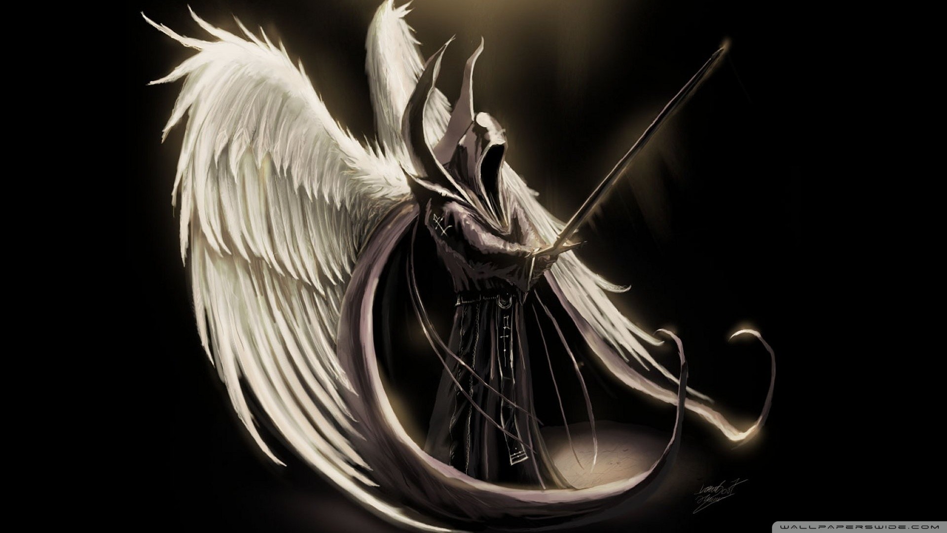 Angelo della morte, Falce, Ali bianche, Sfondo nero, Full HD, wallpaper desktop
